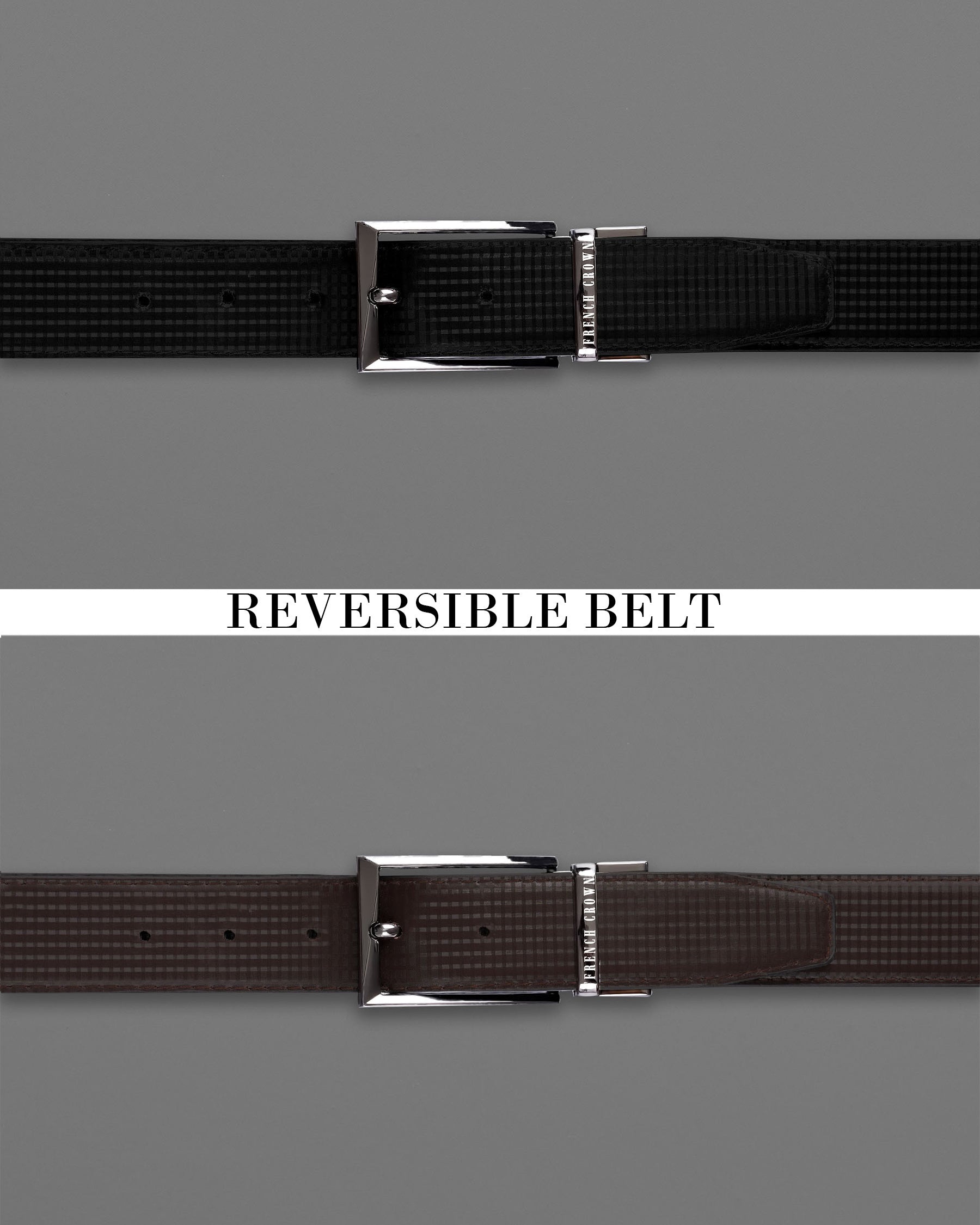 Metallic Silver Shiny Buckle with Jade Black and Brown Leather Free Handcrafted Reversible Belt BT085-28, BT085-30, BT085-32, BT085-34, BT085-36, BT085-38