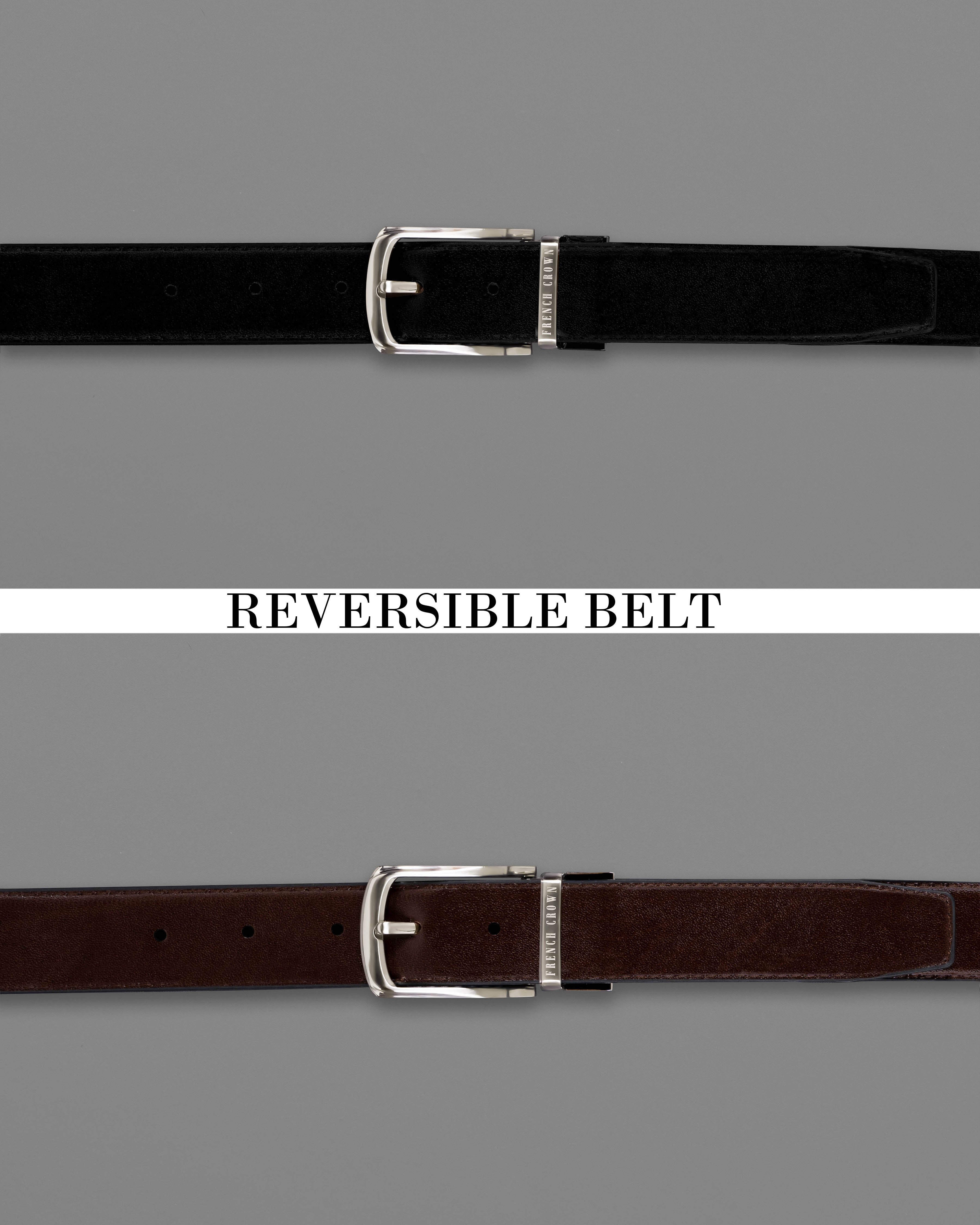 Silver Metallic Buckle with Jade Black and Brown Leather Free Handcrafted Reversible Belt BT097-28, BT097-30, BT097-32, BT097-34, BT097-36, BT097-38