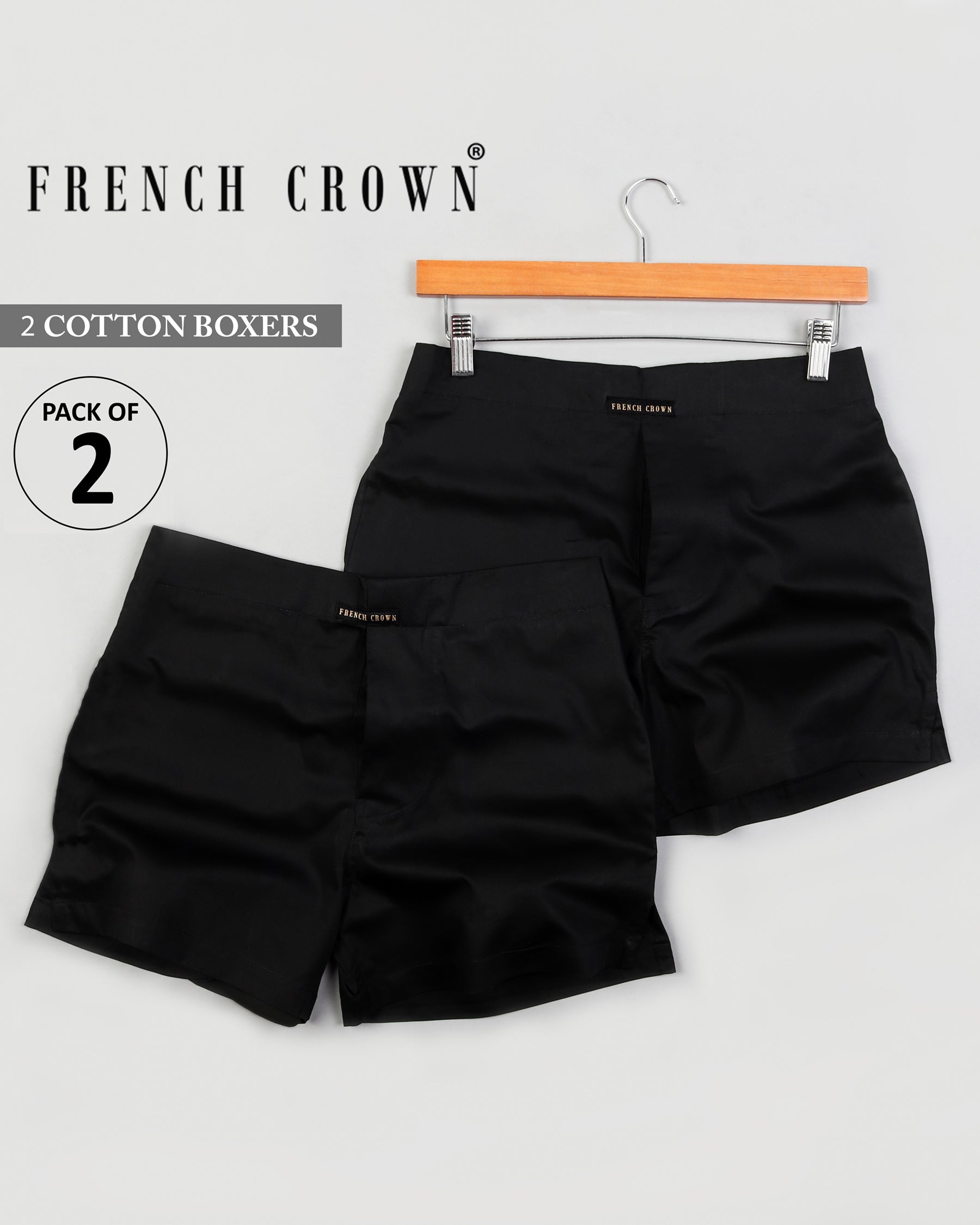 Two Black Solid Premium Cotton Boxers BX044-28, BX044-30, BX044-32, BX044-34, BX044-36, BX044-38, BX044-40, BX044-42, BX044-44