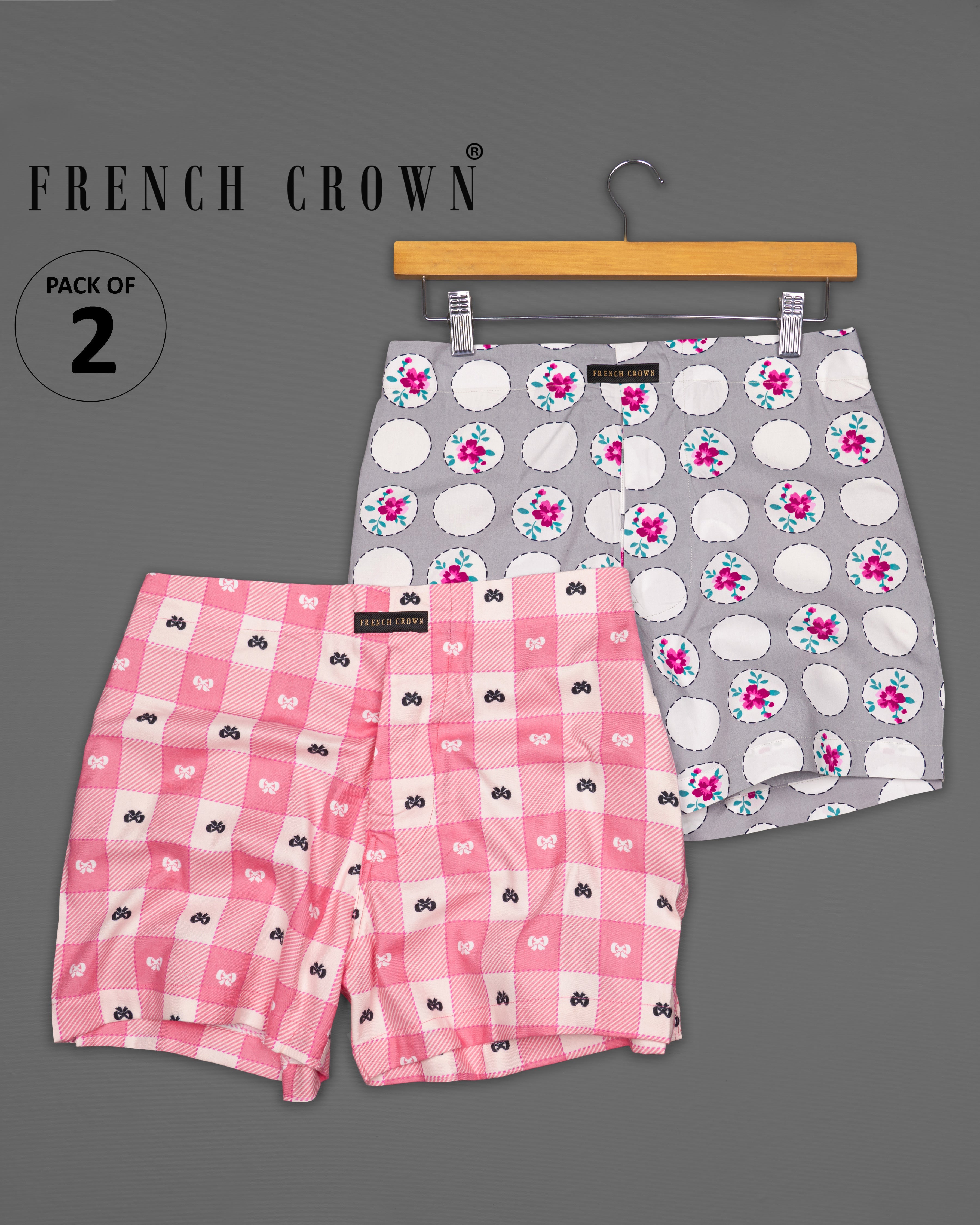 Martini Gray with White Printed Premium Cotton Boxers with Salmon Pink Checkered Twill Premium Cotton Boxers Combo