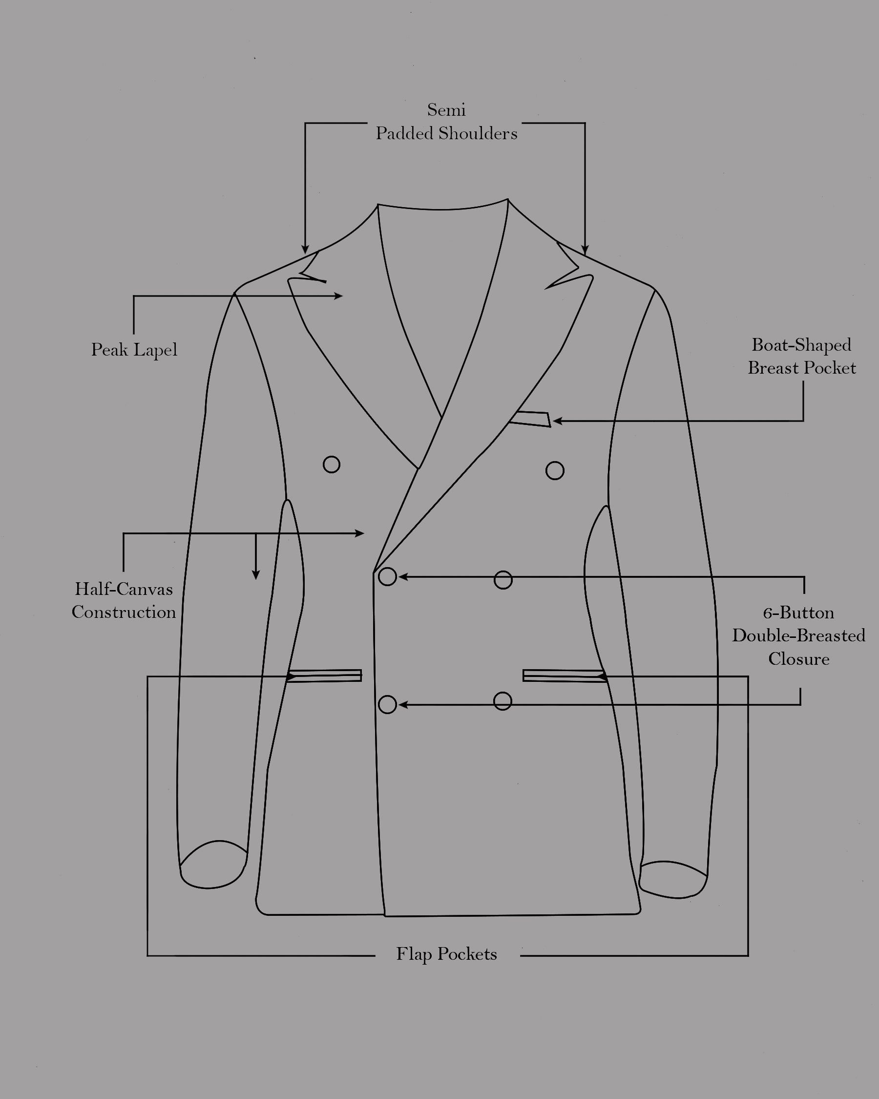 Fuscous Grey Double Breasted Blazer BL2285-DB-36, BL2285-DB-38, BL2285-DB-40, BL2285-DB-42, BL2285-DB-44, BL2285-DB-46, BL2285-DB-48, BL2285-DB-50, BL2285-DB-52, BL2285-DB-54, BL2285-DB-56, BL2285-DB-58, BL2285-DB-60