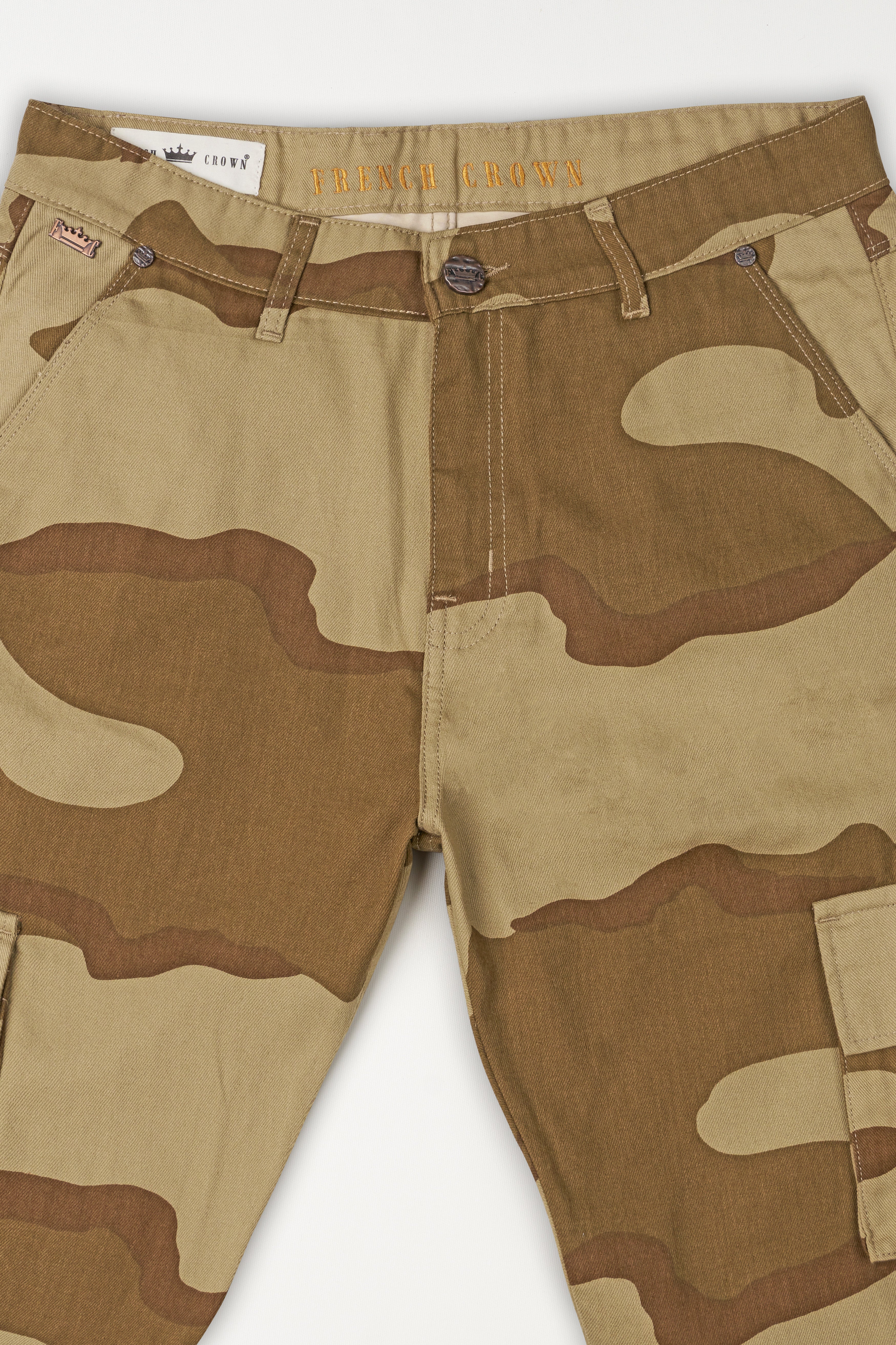 Pale Taupe Brown with Pickled Bean Brown Camouflage Cargo Denim J239-30, J239-32, J239-34, J239-36, J239-38, J239-40