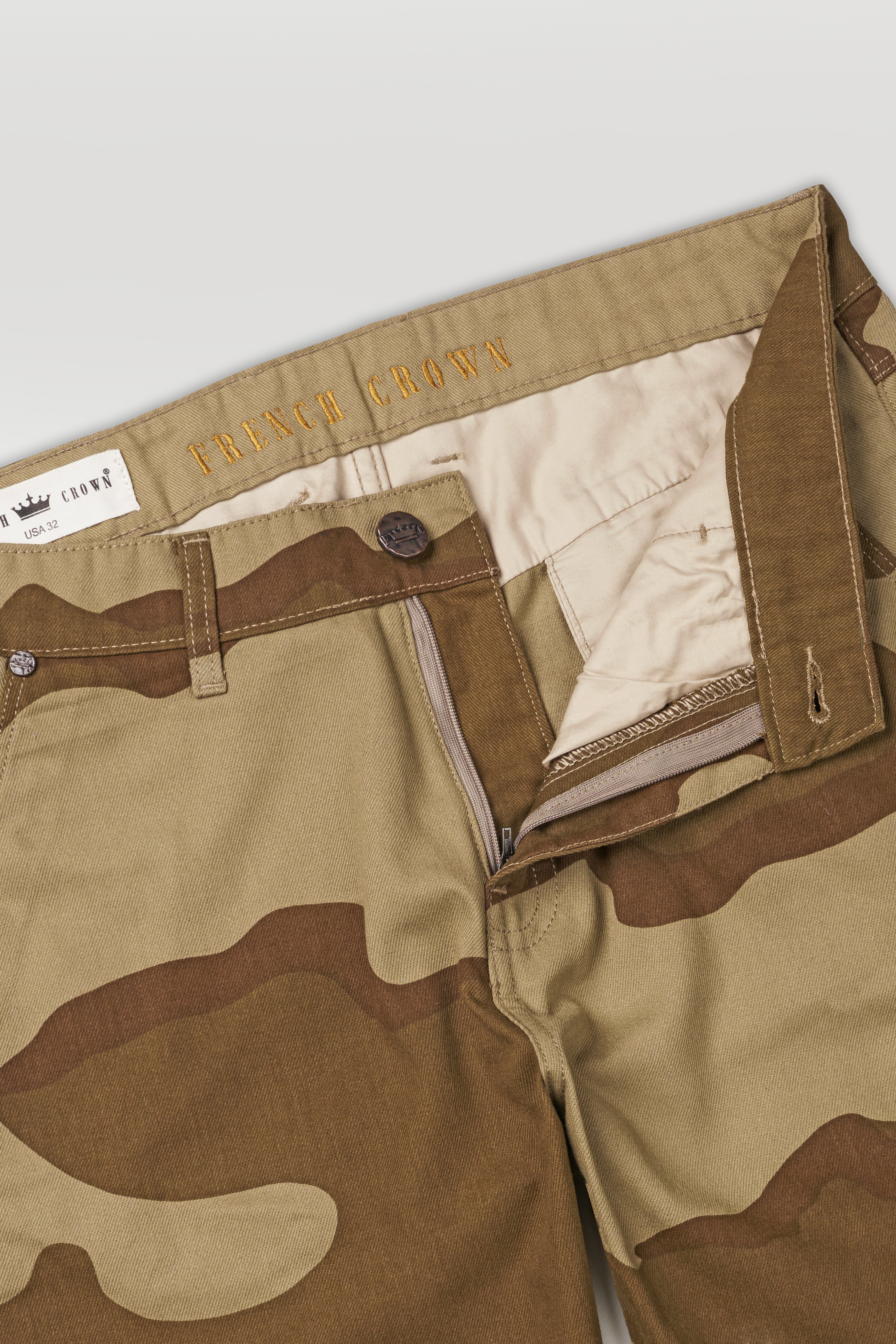 Pale Taupe Brown with Pickled Bean Brown Camouflage Cargo Denim J239-30, J239-32, J239-34, J239-36, J239-38, J239-40