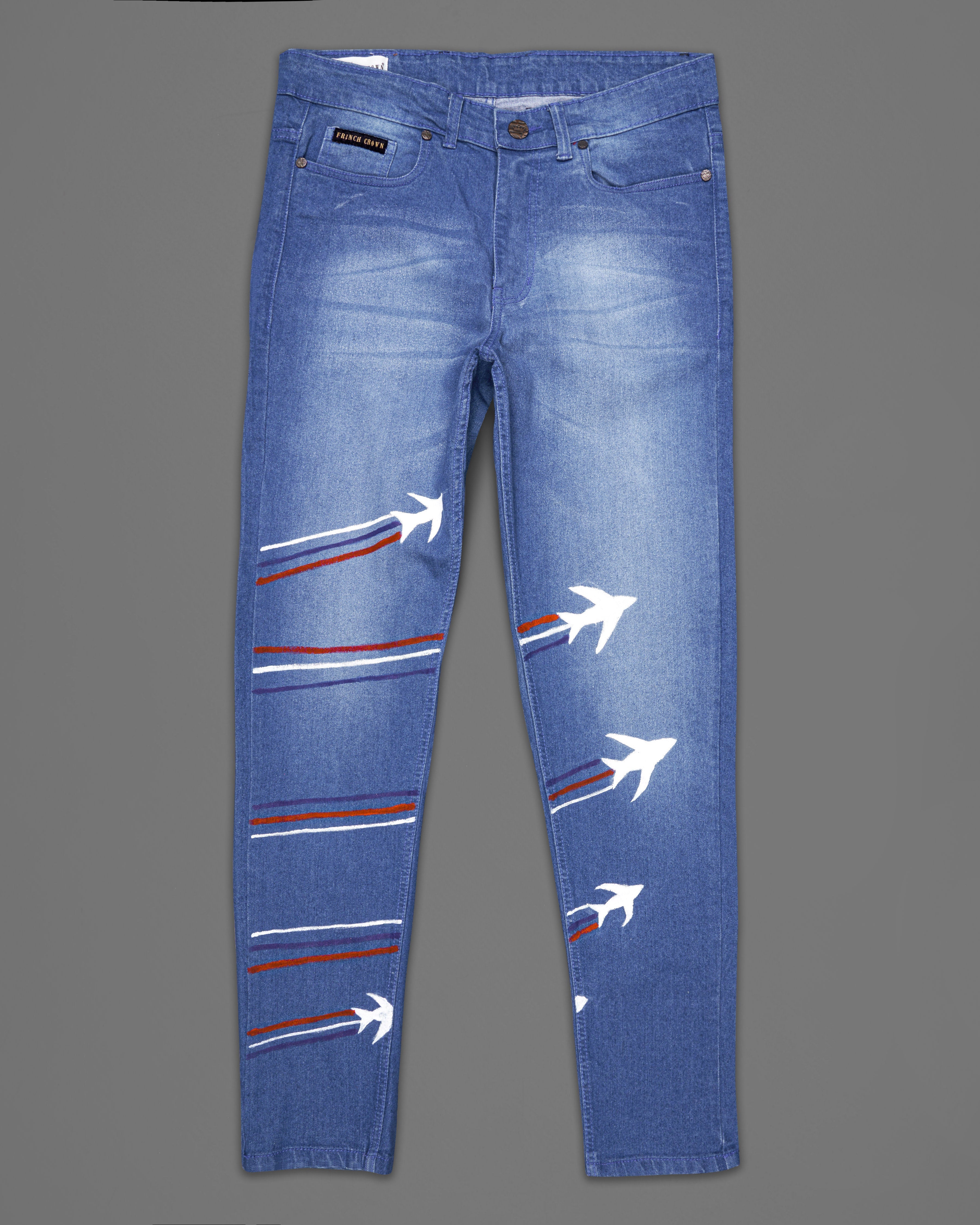 Glaucous Blue Airplane Hand-Painted Stone Washed Denim J092-ART-32, J092-ART-34, J092-ART-36, J092-ART-38, J092-ART-40