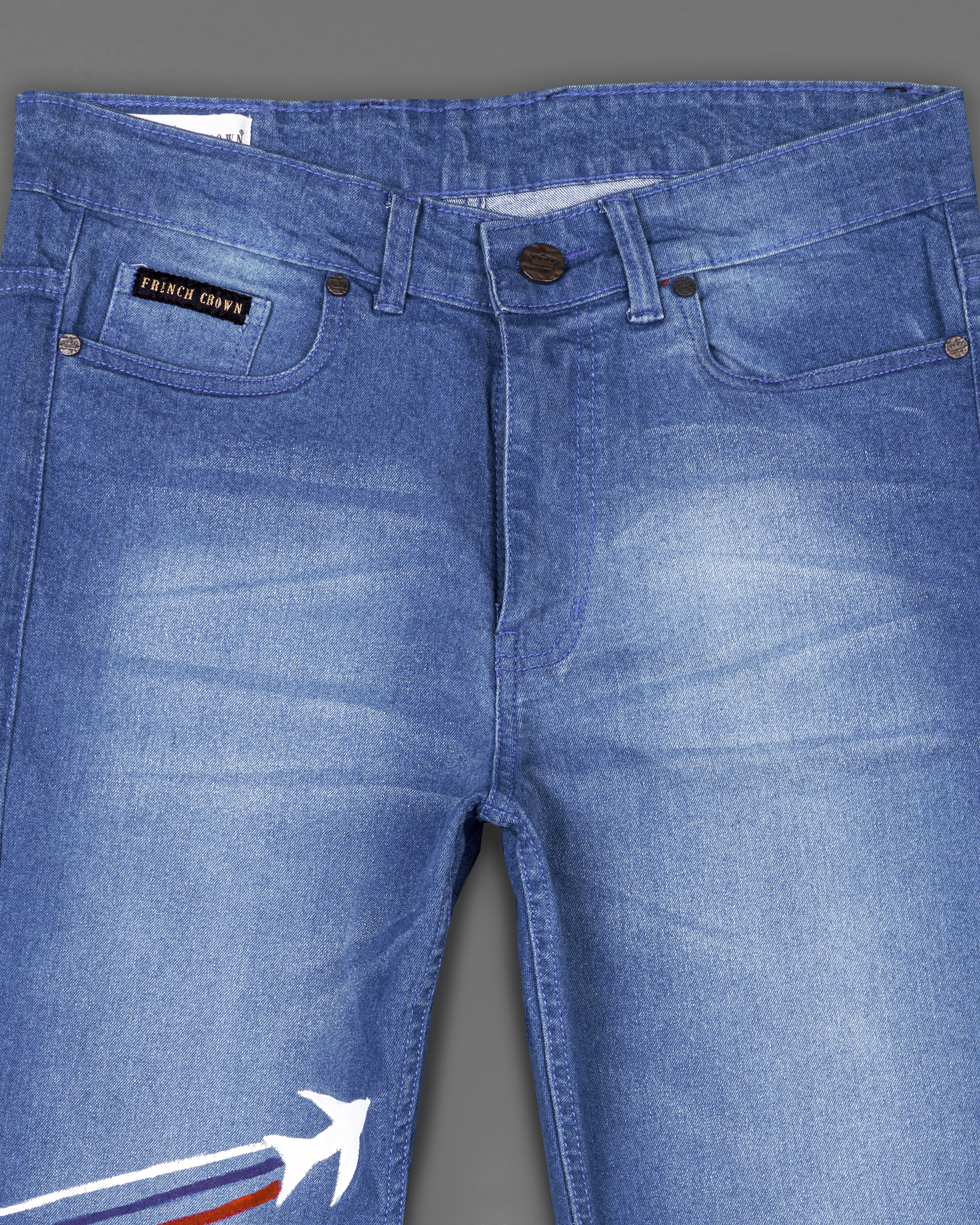 Glaucous Blue Airplane Hand-Painted Stone Washed Denim J092-ART-32, J092-ART-34, J092-ART-36, J092-ART-38, J092-ART-40