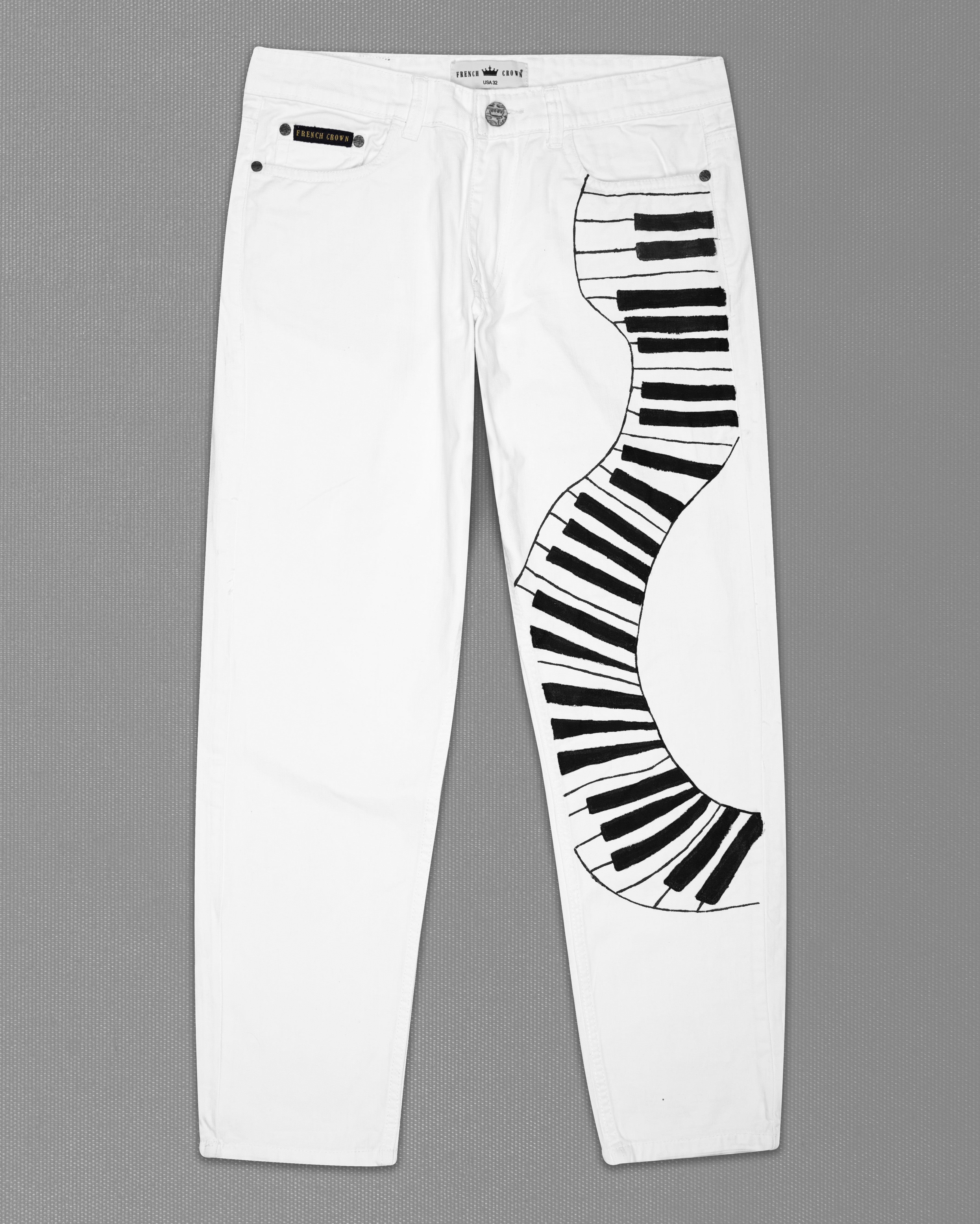 Bright White with Black Rinse Wash Piano Hand Painted Denim J100-ART008-30, J100-ART008-32, J100-ART008-34, J100-ART008-36, J100-ART008-38, J100-ART008-40