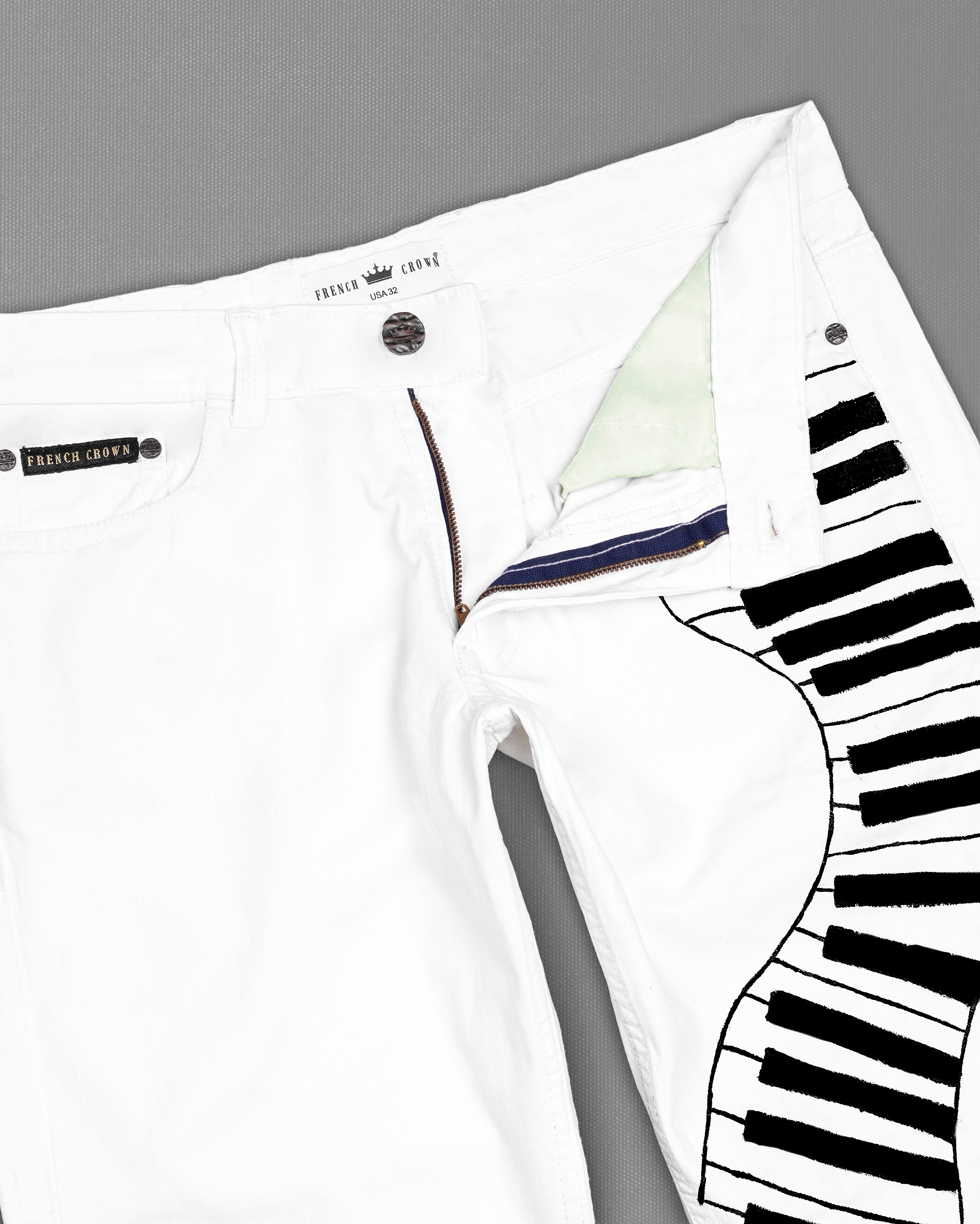 Bright White with Black Rinse Wash Piano Hand Painted Denim J100-ART008-30, J100-ART008-32, J100-ART008-34, J100-ART008-36, J100-ART008-38, J100-ART008-40