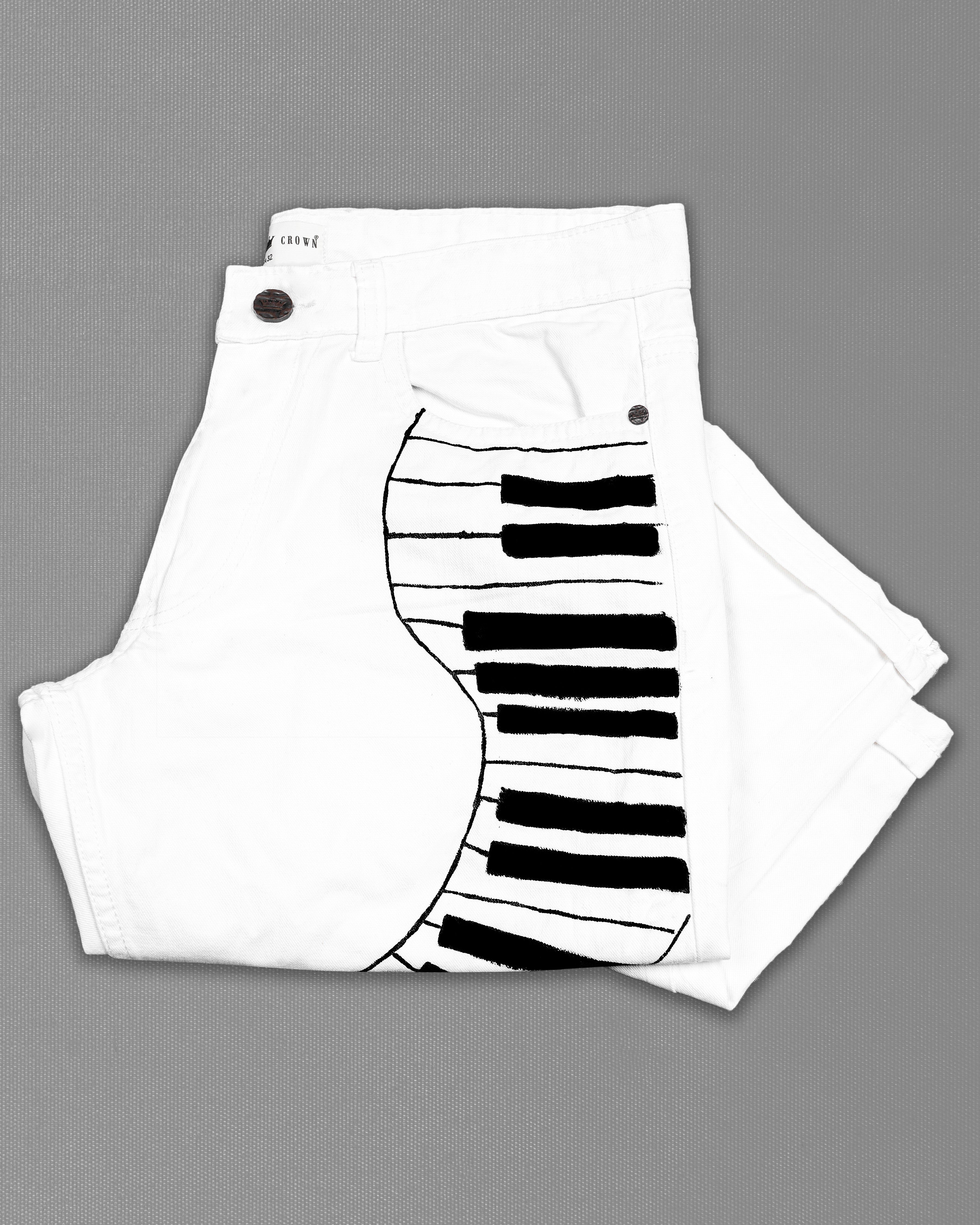 Bright White with Black Rinse Wash Piano Hand Painted Denim J100-ART008-30, J100-ART008-32, J100-ART008-34, J100-ART008-36, J100-ART008-38, J100-ART008-40