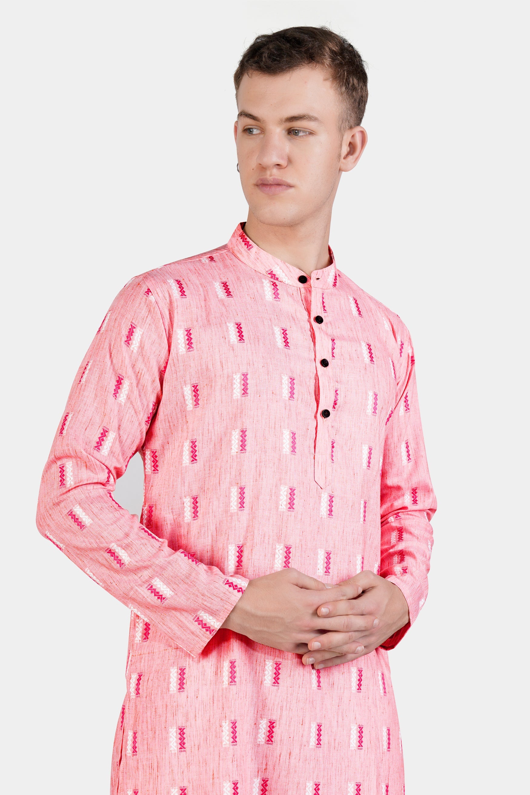 Light Rose Pink Zig-zag Textured Jacquard Premium Giza Cotton Kurta