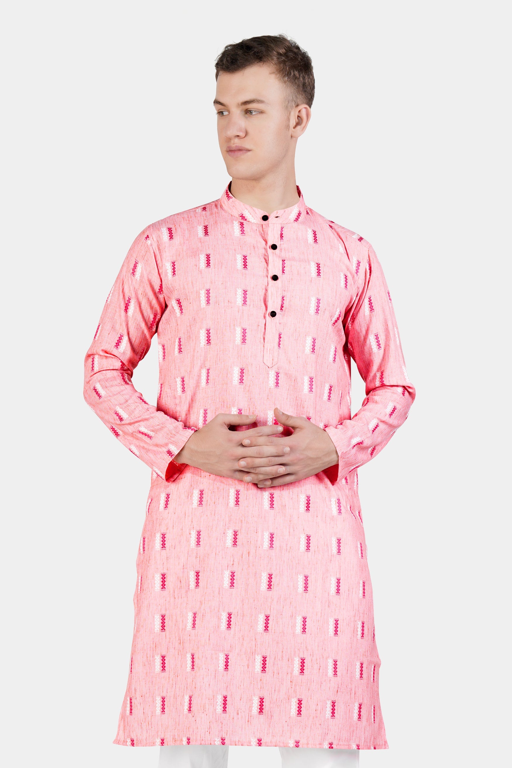 Light Rose Pink Zig-zag Textured Jacquard Premium Giza Cotton Kurta