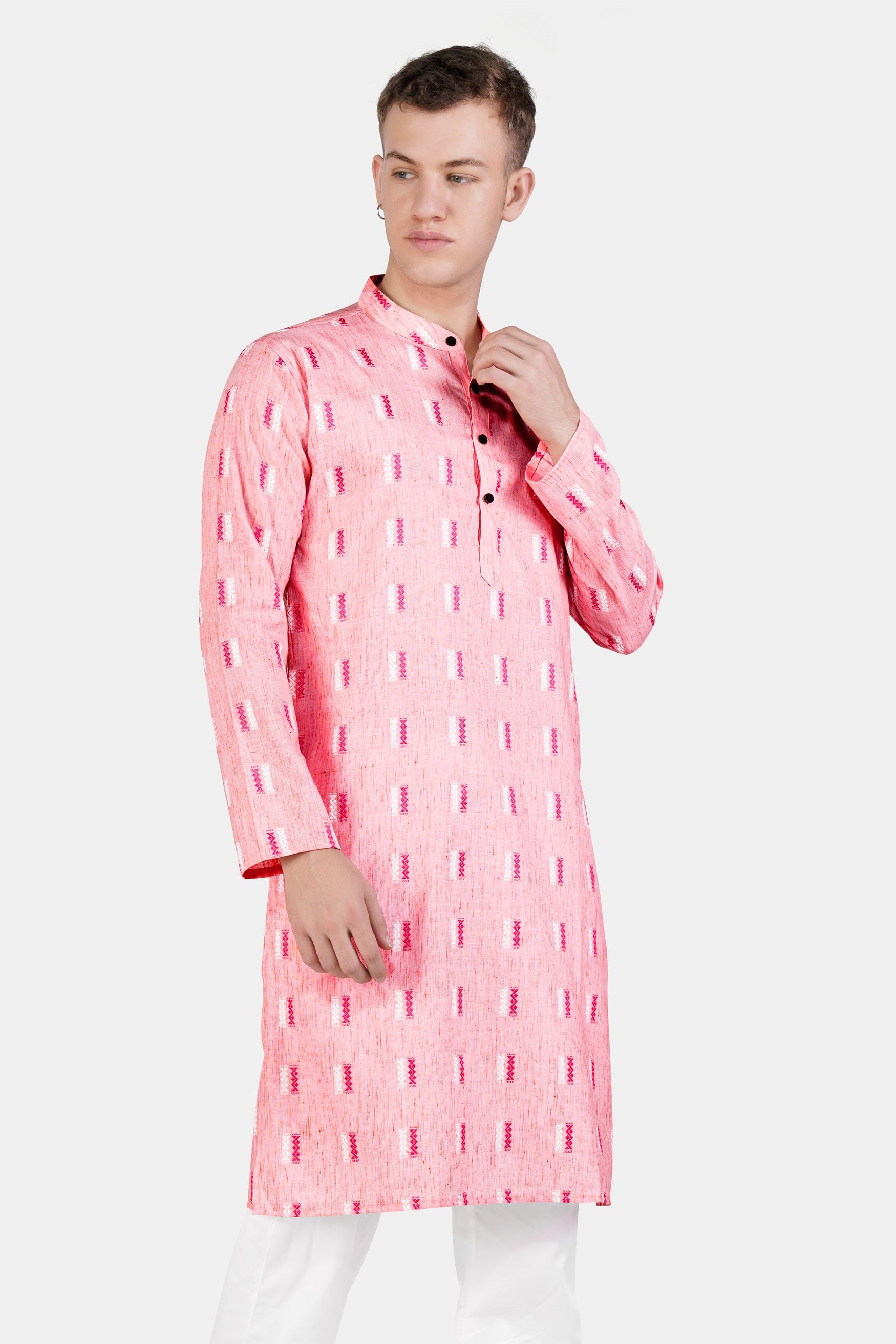 Light Rose Pink Zig-zag Textured Jacquard Premium Giza Cotton Kurta