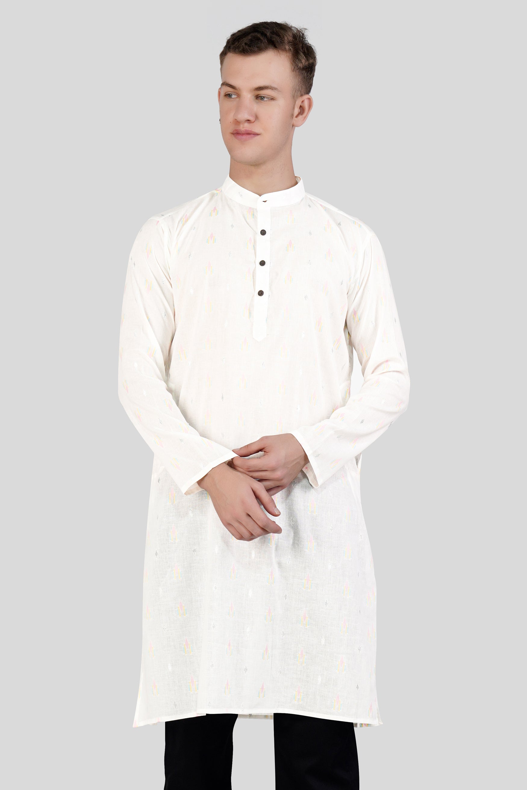 Off White colorful and silver Jacquard Textured Premium Giza Cotton Kurta