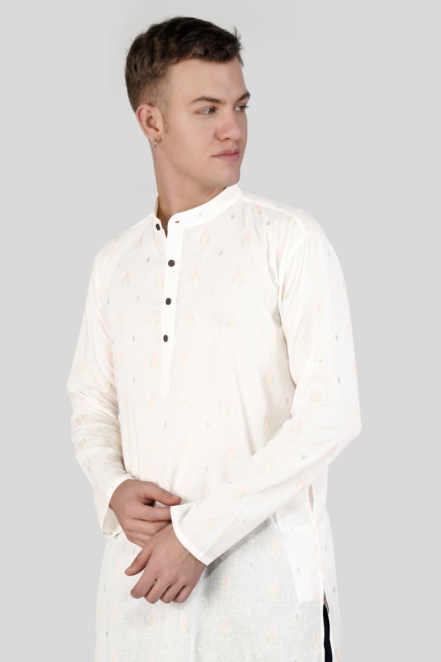 Off White colorful and silver Jacquard Textured Premium Giza Cotton Kurta