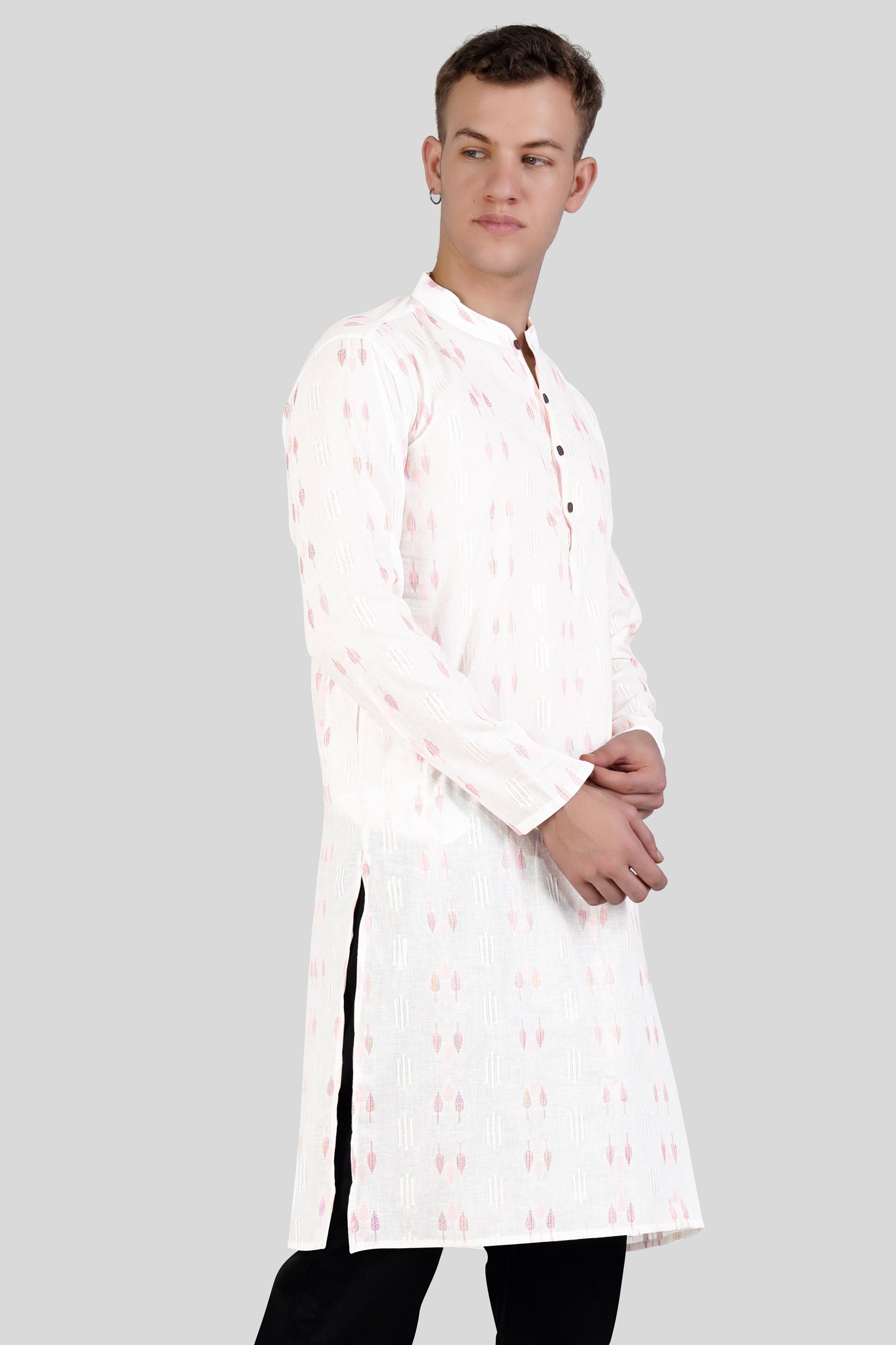 Cosmos Pink Leaves Textured Jacquard Premium Giza Cotton Kurta