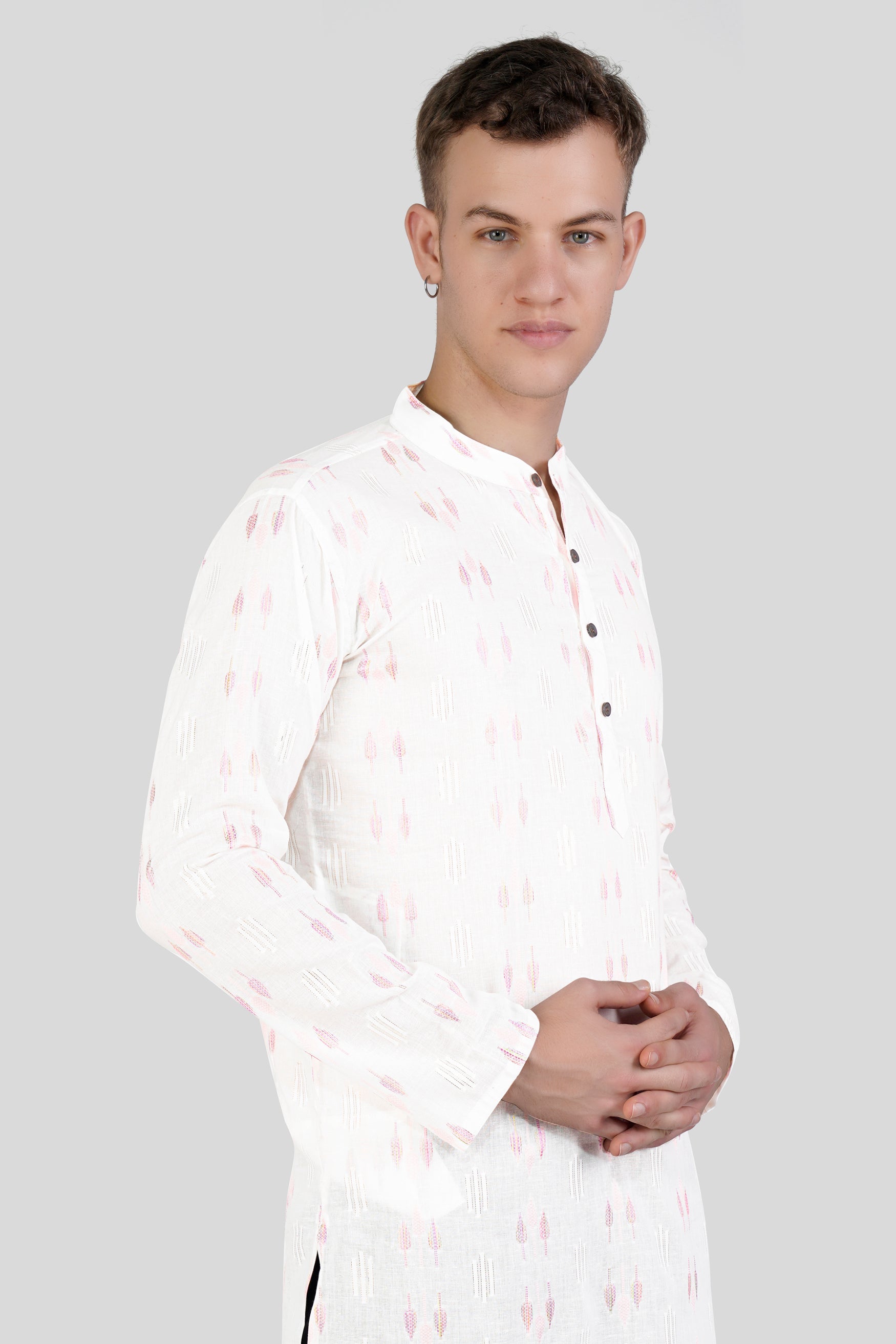 Cosmos Pink Leaves Textured Jacquard Premium Giza Cotton Kurta