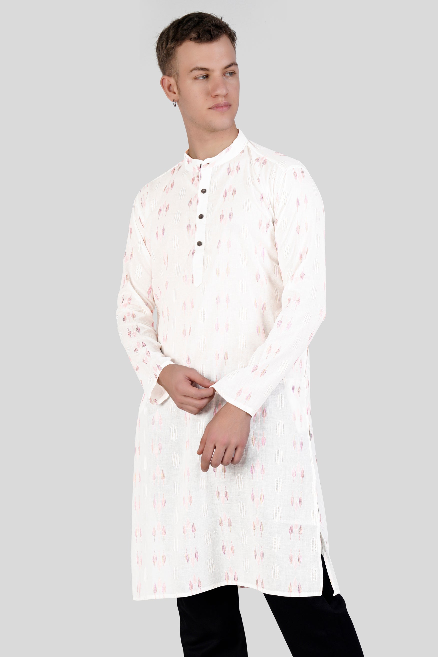 Cosmos Pink Leaves Textured Jacquard Premium Giza Cotton Kurta