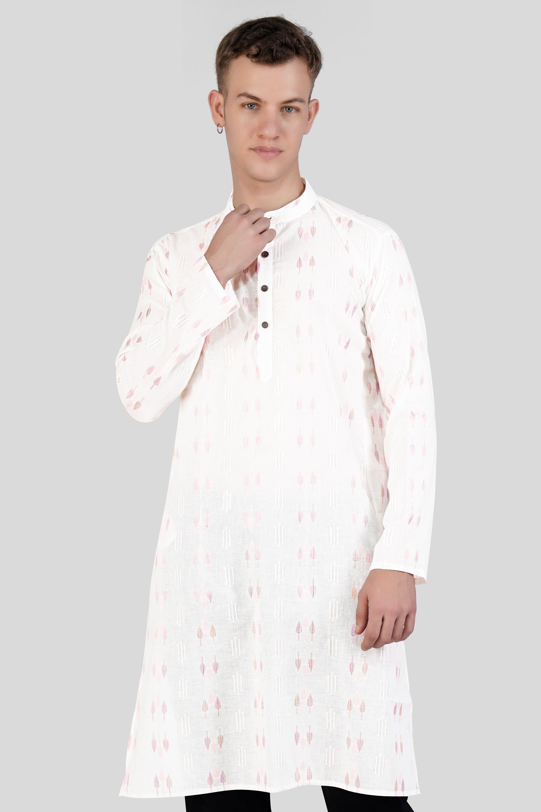 Cosmos Pink Leaves Textured Jacquard Premium Giza Cotton Kurta