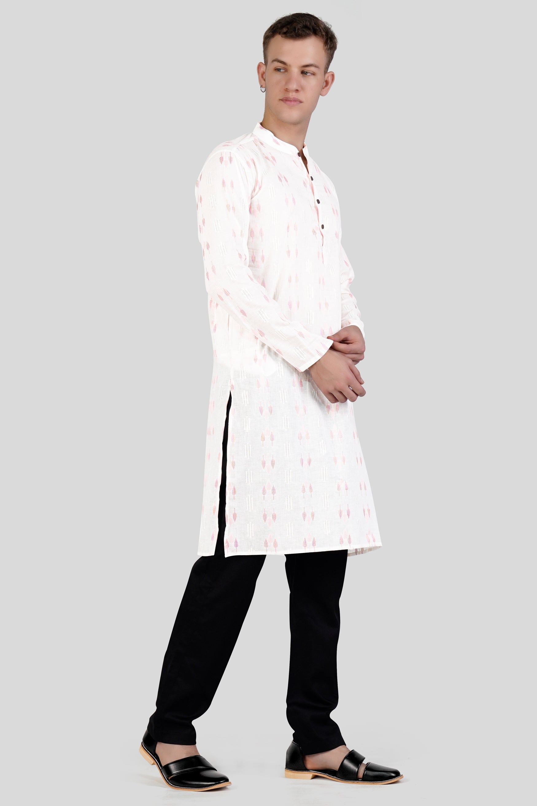 Cosmos Pink Leaves Textured Jacquard Premium Giza Cotton Kurta