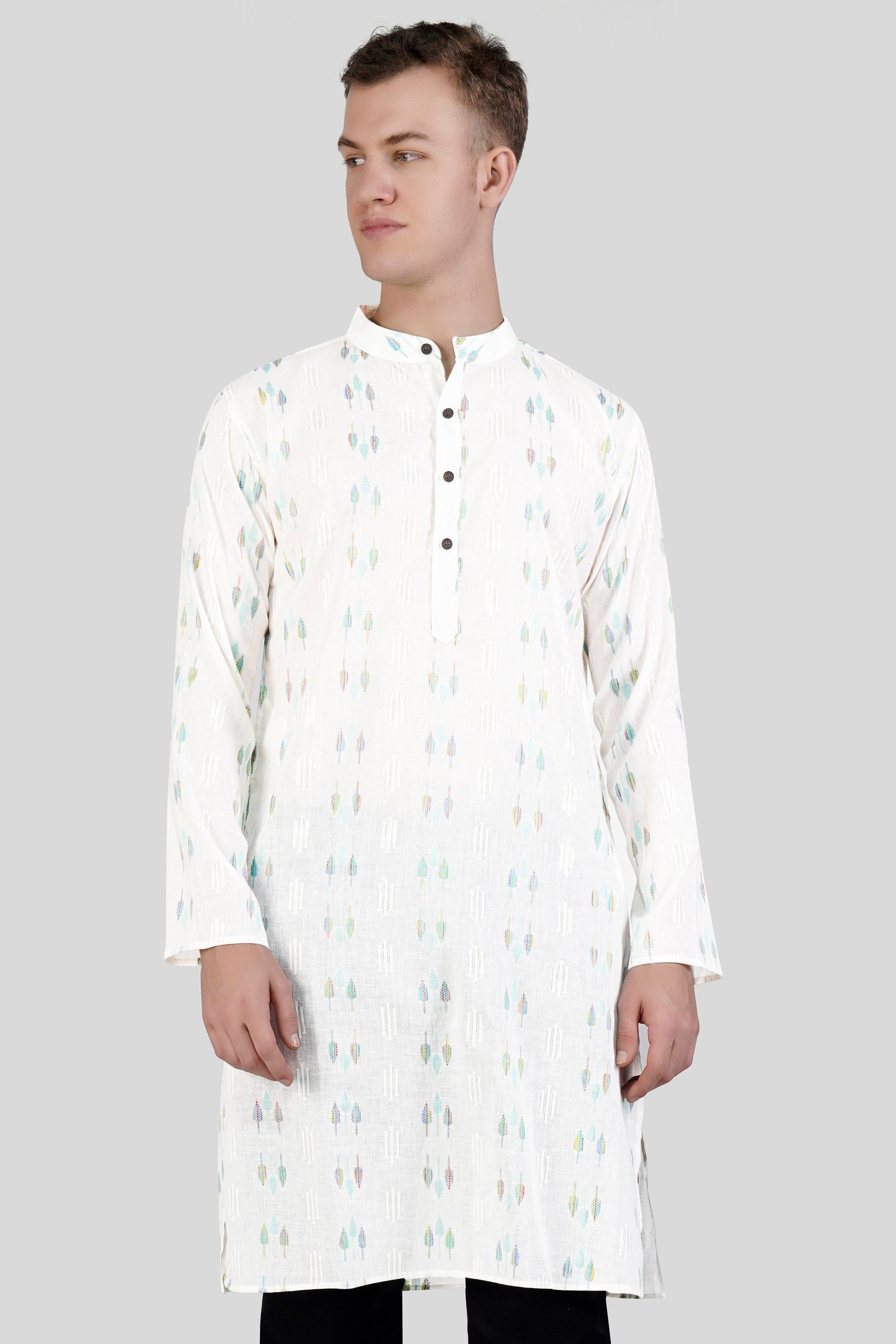 Bright White with colorful Leaves Jacquard Textured Premium Giza Cotton Kurta