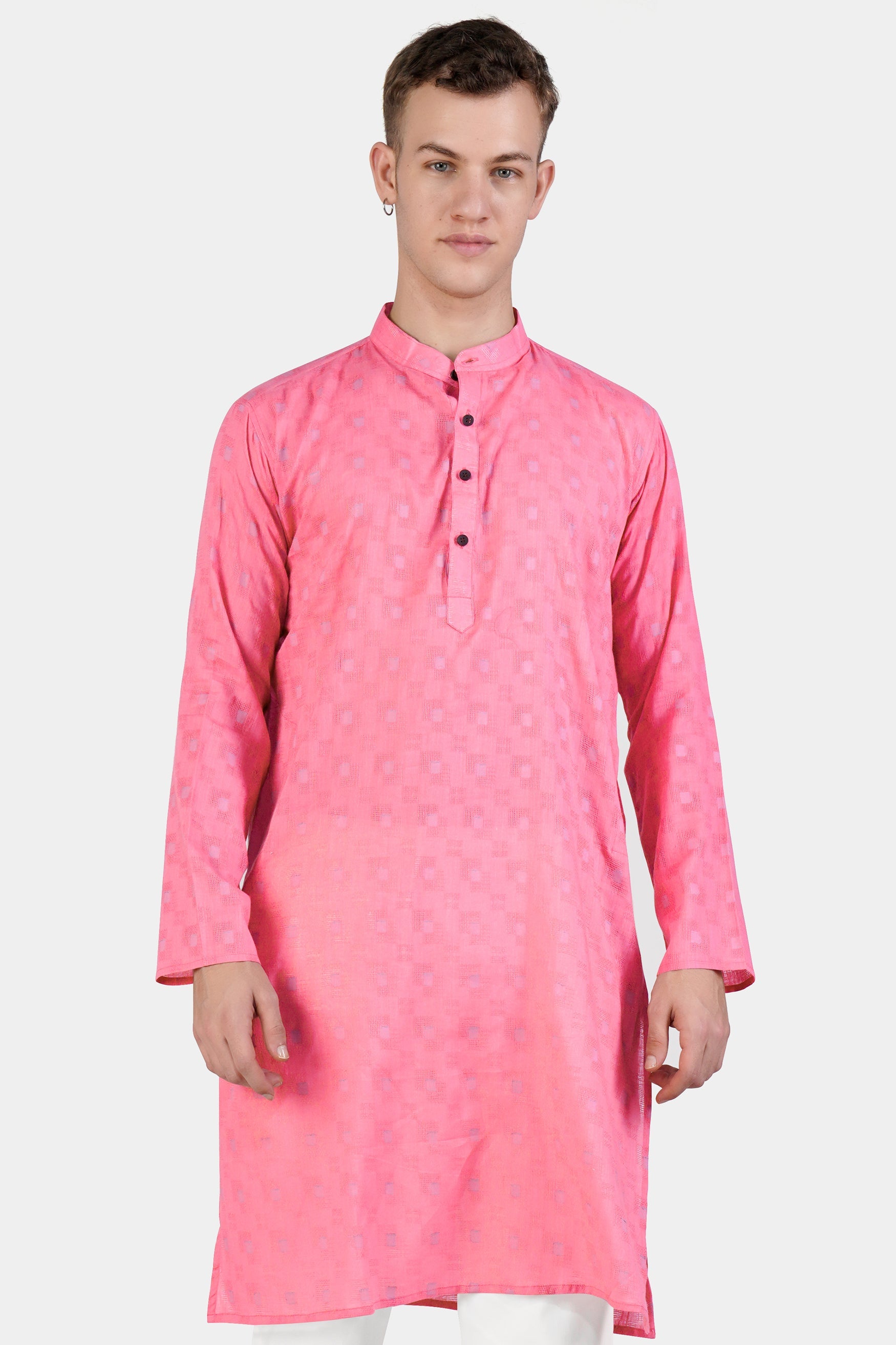 Flamingo Pink Geometric Dobby Textured Premium Giza Cotton Kurta