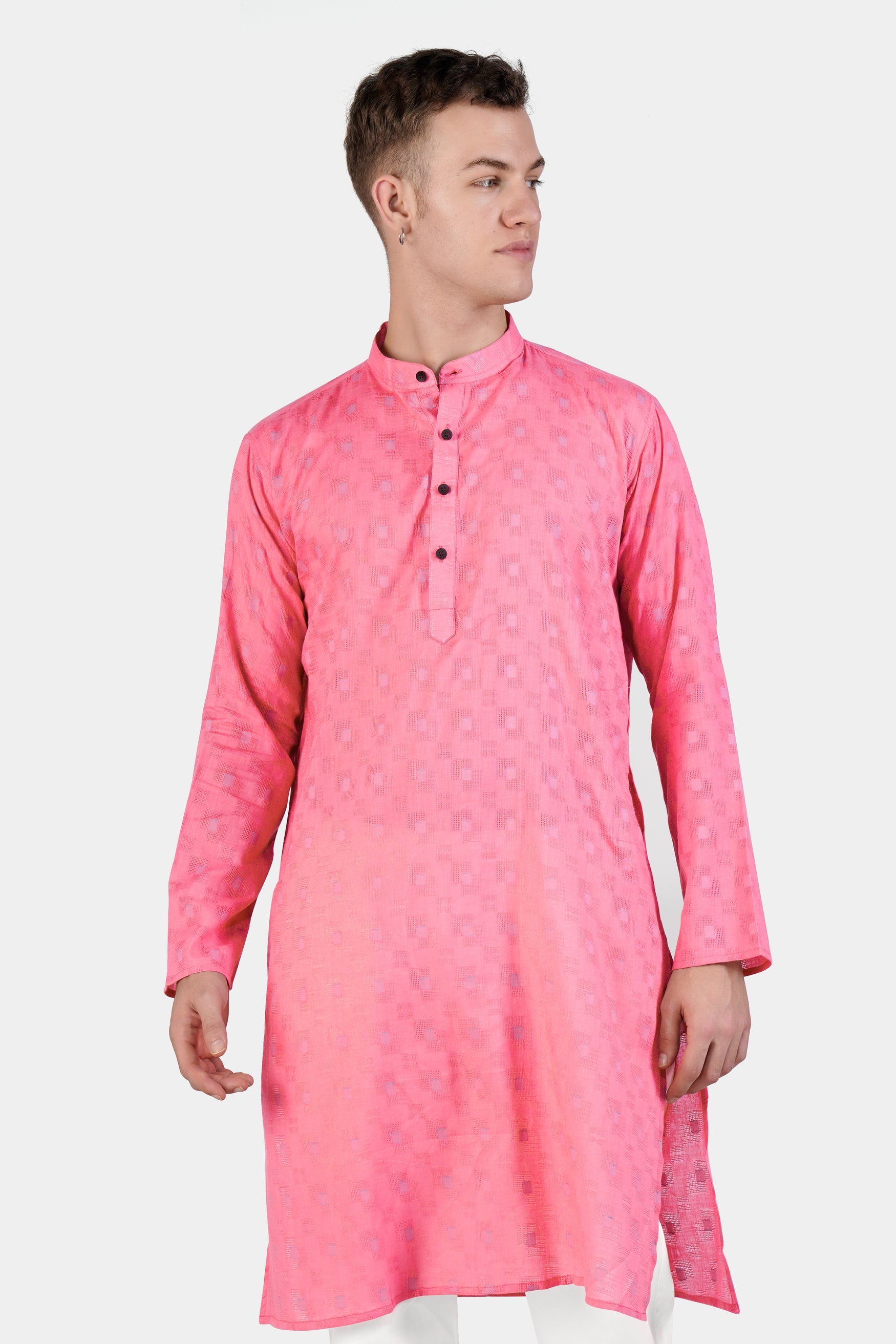 Flamingo Pink Geometric Dobby Textured Premium Giza Cotton Kurta