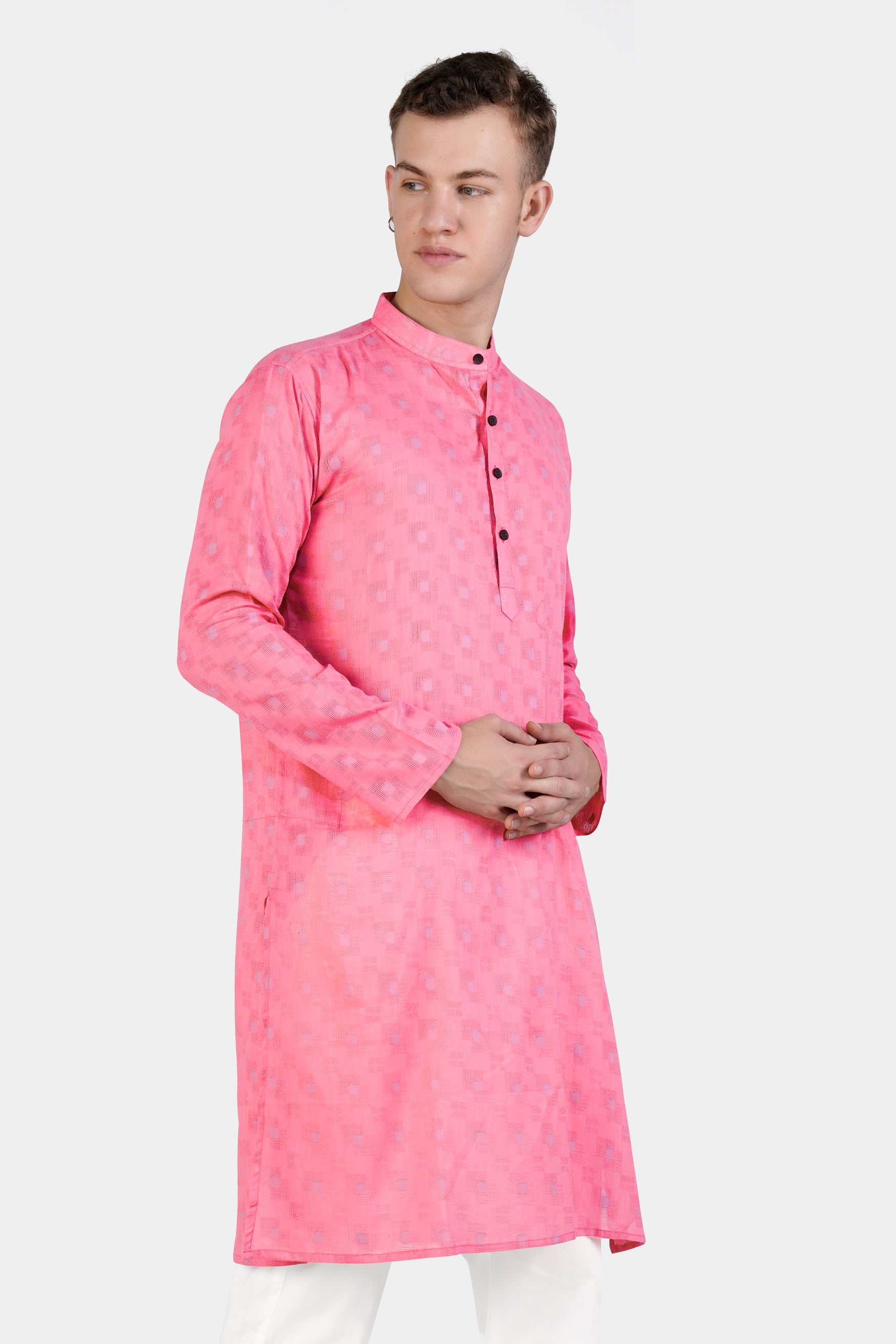 Flamingo Pink Geometric Dobby Textured Premium Giza Cotton Kurta