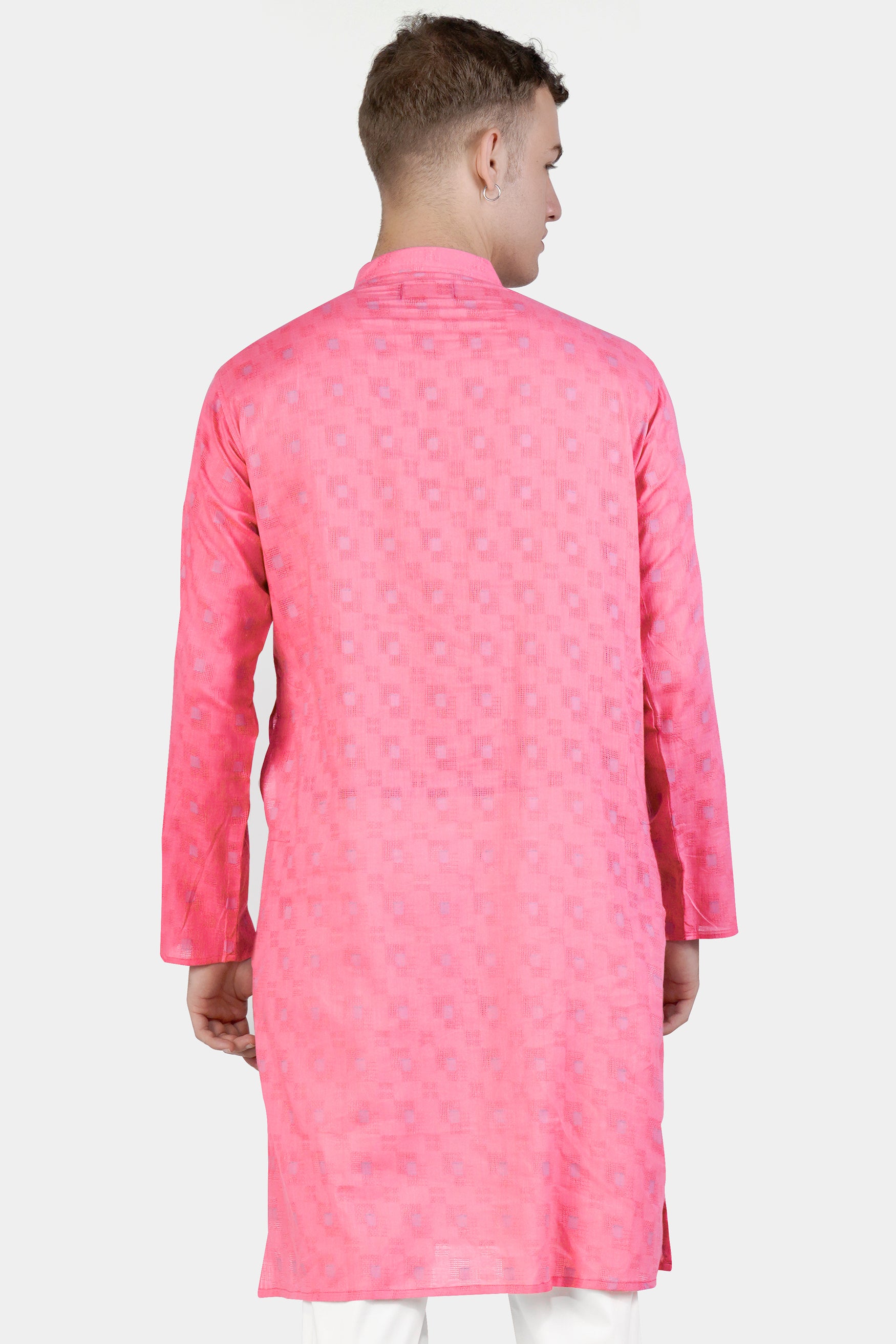 Flamingo Pink Geometric Dobby Textured Premium Giza Cotton Kurta