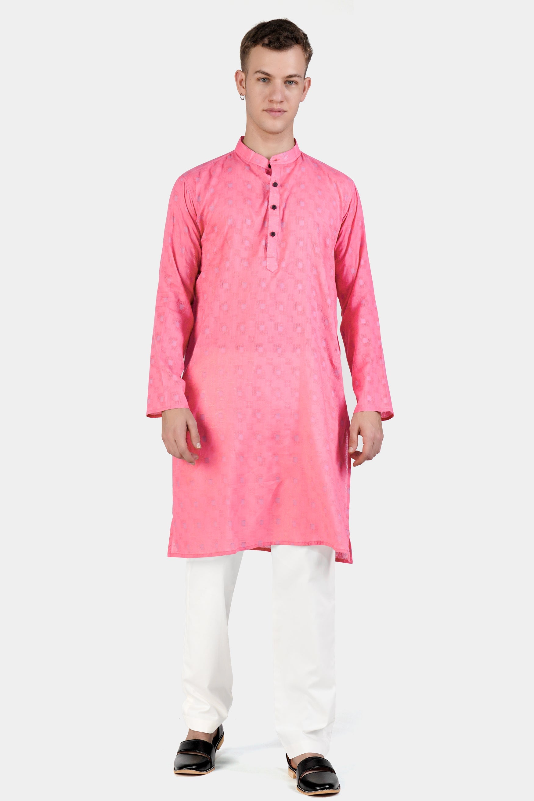 Flamingo Pink Geometric Dobby Textured Premium Giza Cotton Kurta