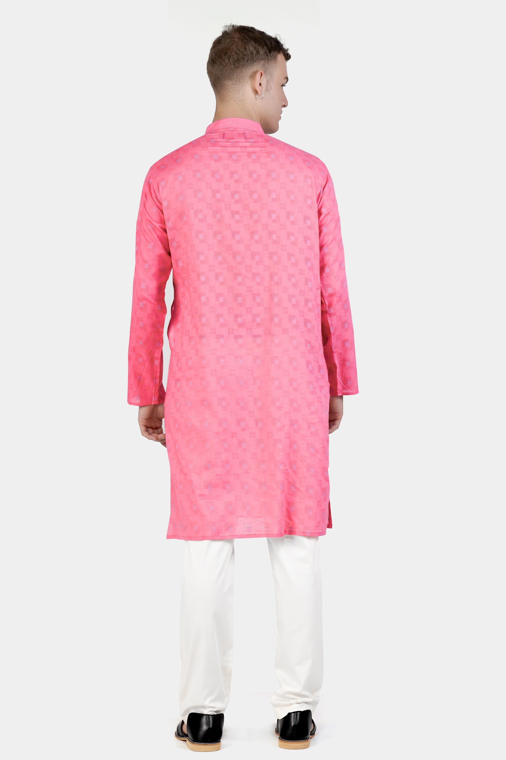 Flamingo Pink Geometric Dobby Textured Premium Giza Cotton Kurta