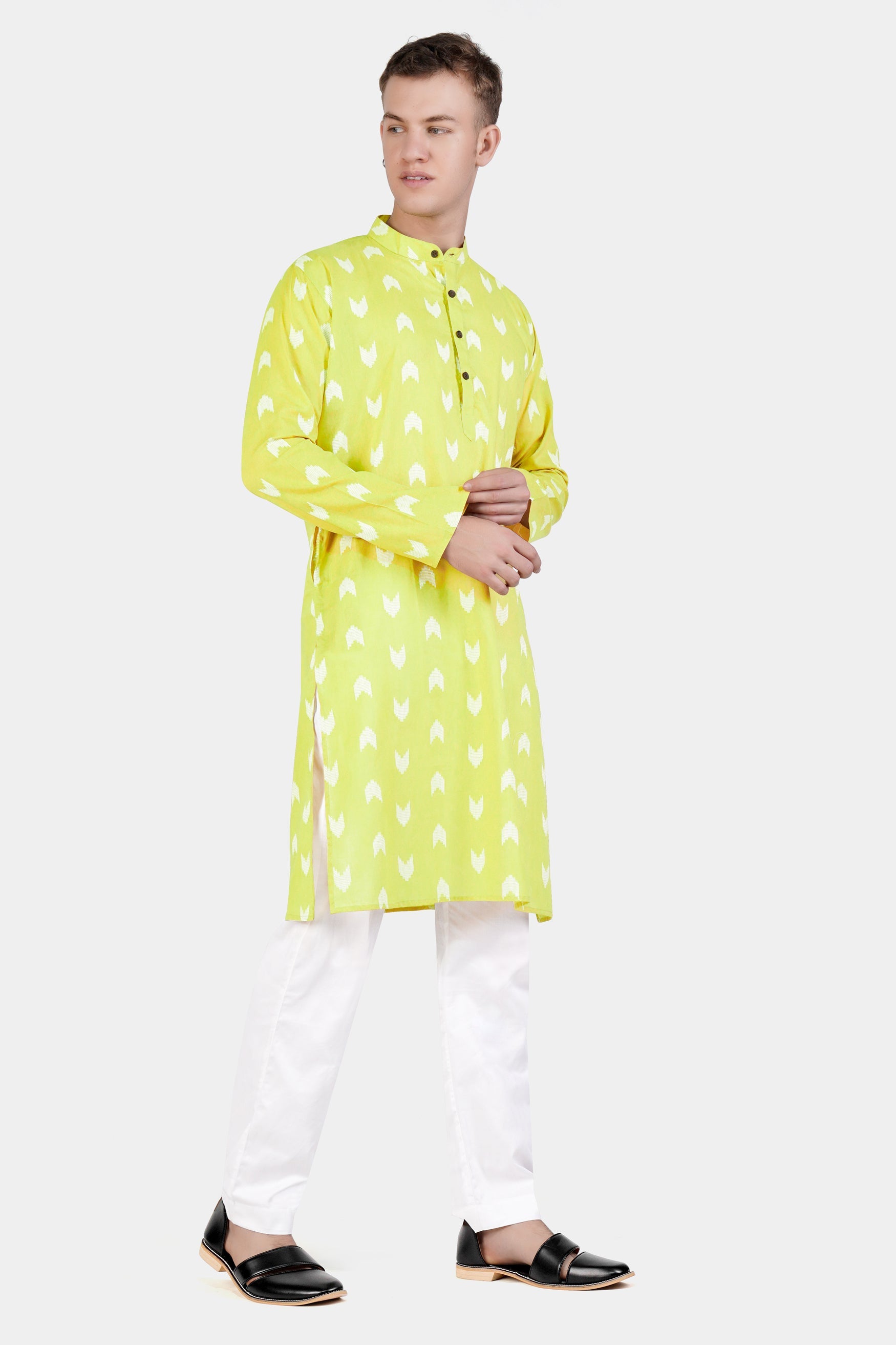 Golden Sand Green Arrow-Like Texture Jacquard Textured Premium Giza Cotton Kurta