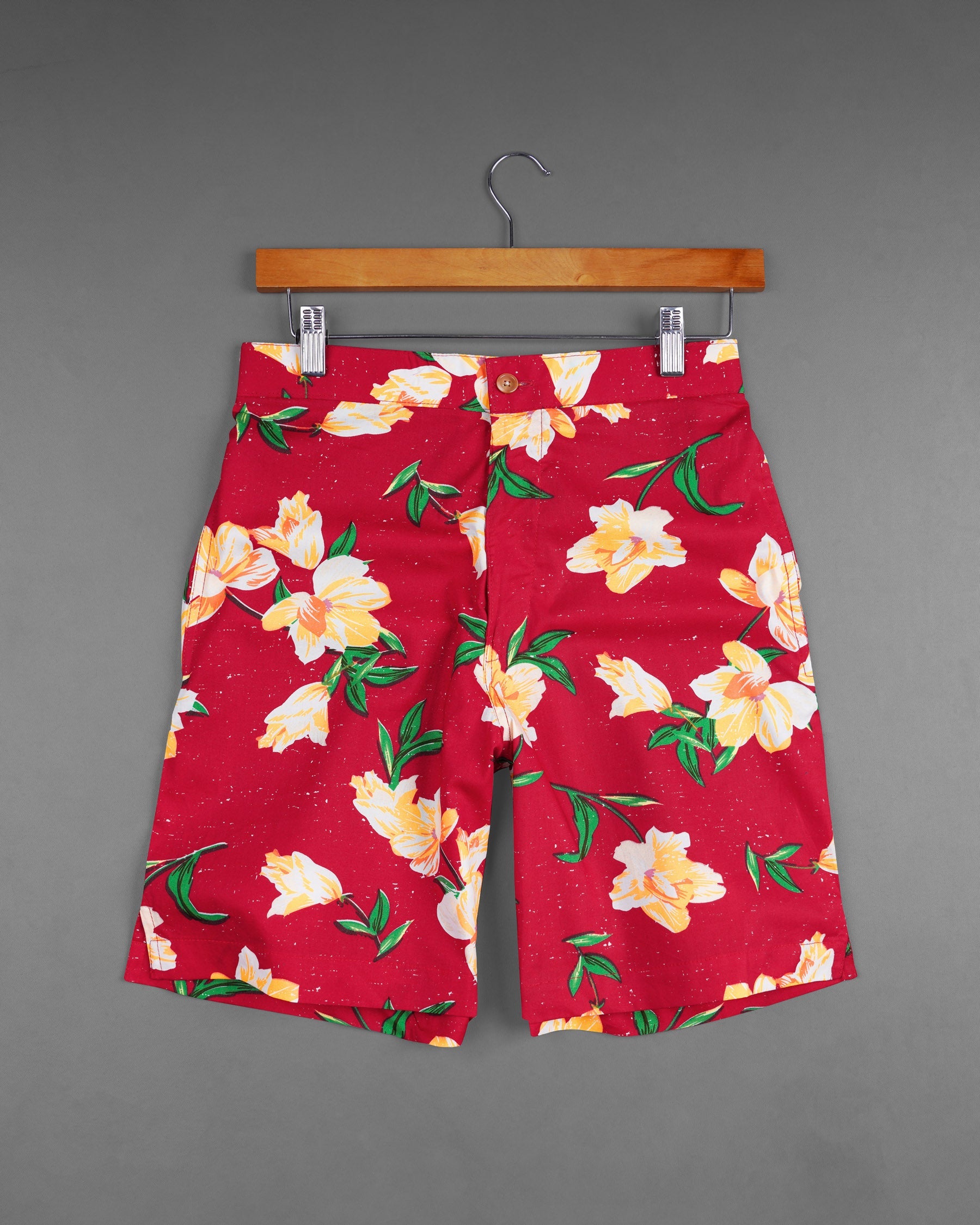 Crimson Red Floral Printed Premium Cotton Designer Shorts SR159-28, SR159-30, SR159-32, SR159-34, SR159-36, SR159-38, SR159-40, SR159-42, SR159-44