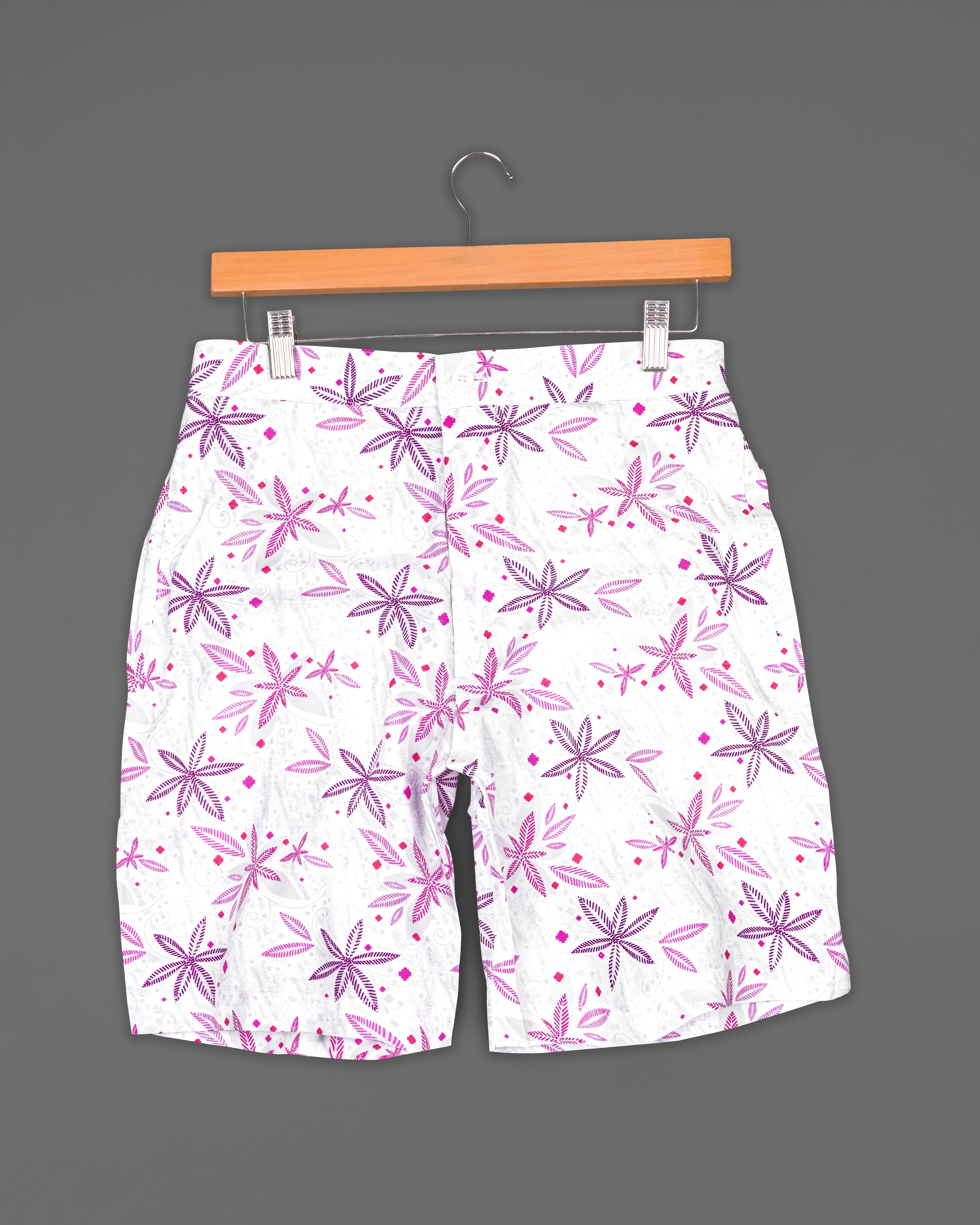 Bright White with Fuchsia Pink Printed Premium Cotton Shorts SR193-28, SR193-30, SR193-32, SR193-34, SR193-36, SR193-38, SR193-40, SR193-42, SR193-44