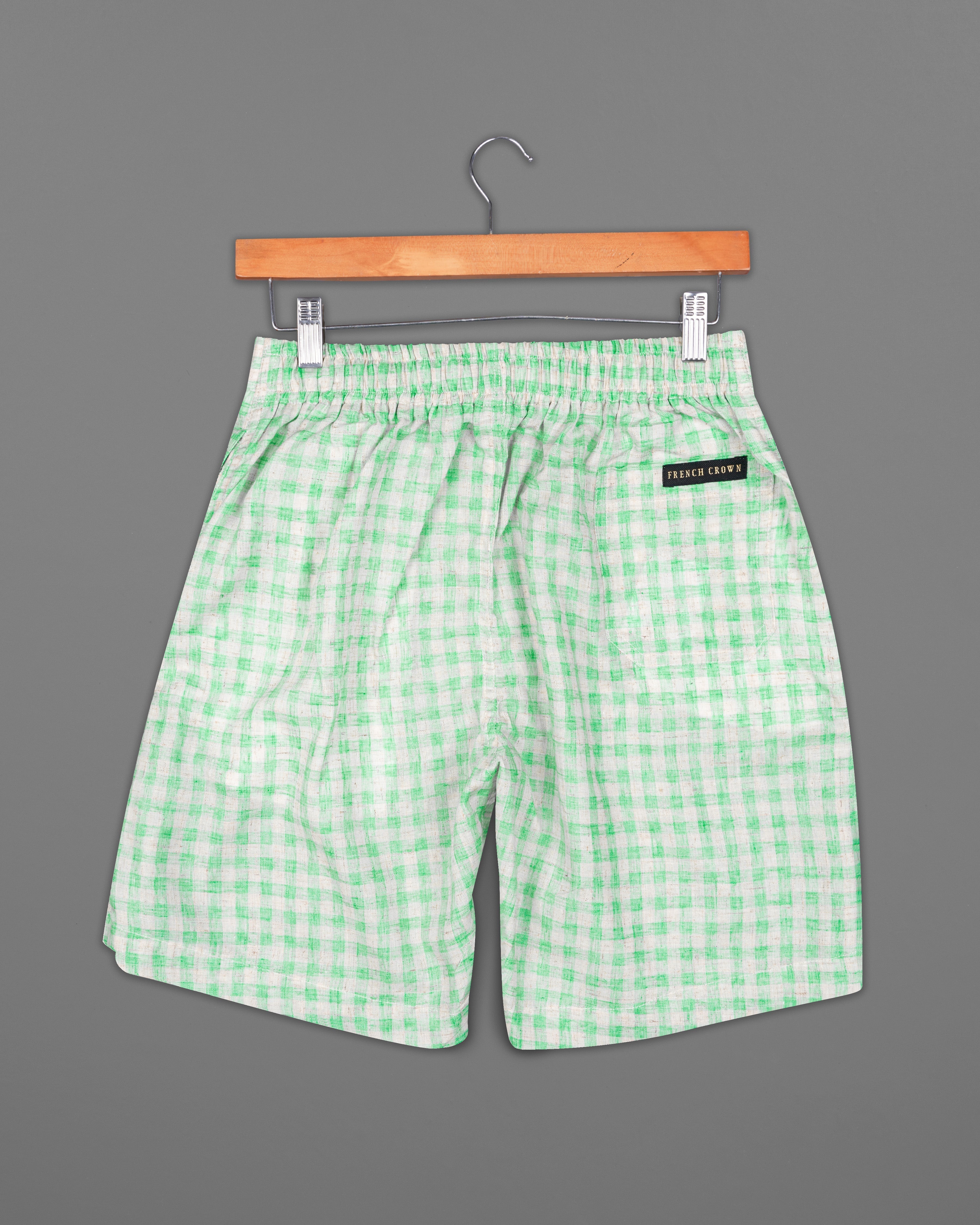 Turquoise Green and Mercury Gray Checkered Luxurious Linen Shorts SR210-28, SR210-30, SR210-32, SR210-34, SR210-36, SR210-38, SR210-40, SR210-42, SR210-44