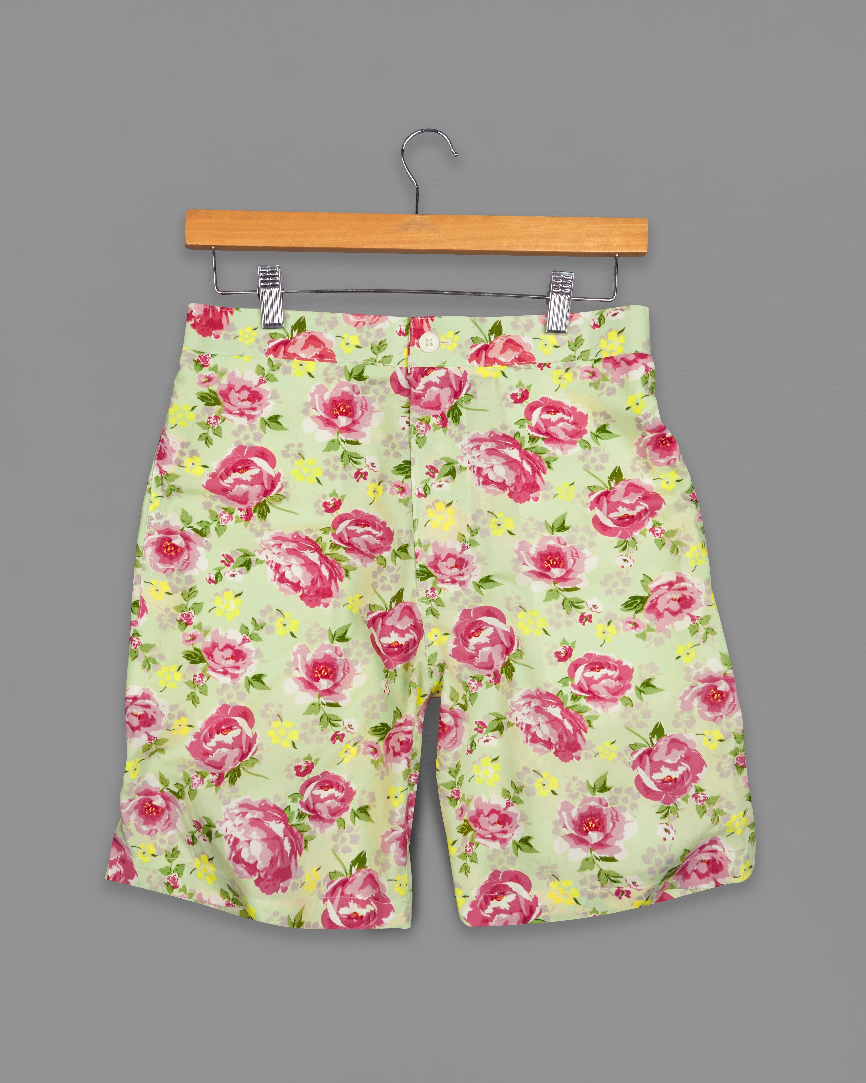 Hampton Green with Pale Pink Rose Printed Premium Cotton Shorts SR248-28, SR248-30, SR248-32, SR248-34, SR248-36, SR248-38, SR248-40, SR248-42, SR248-44