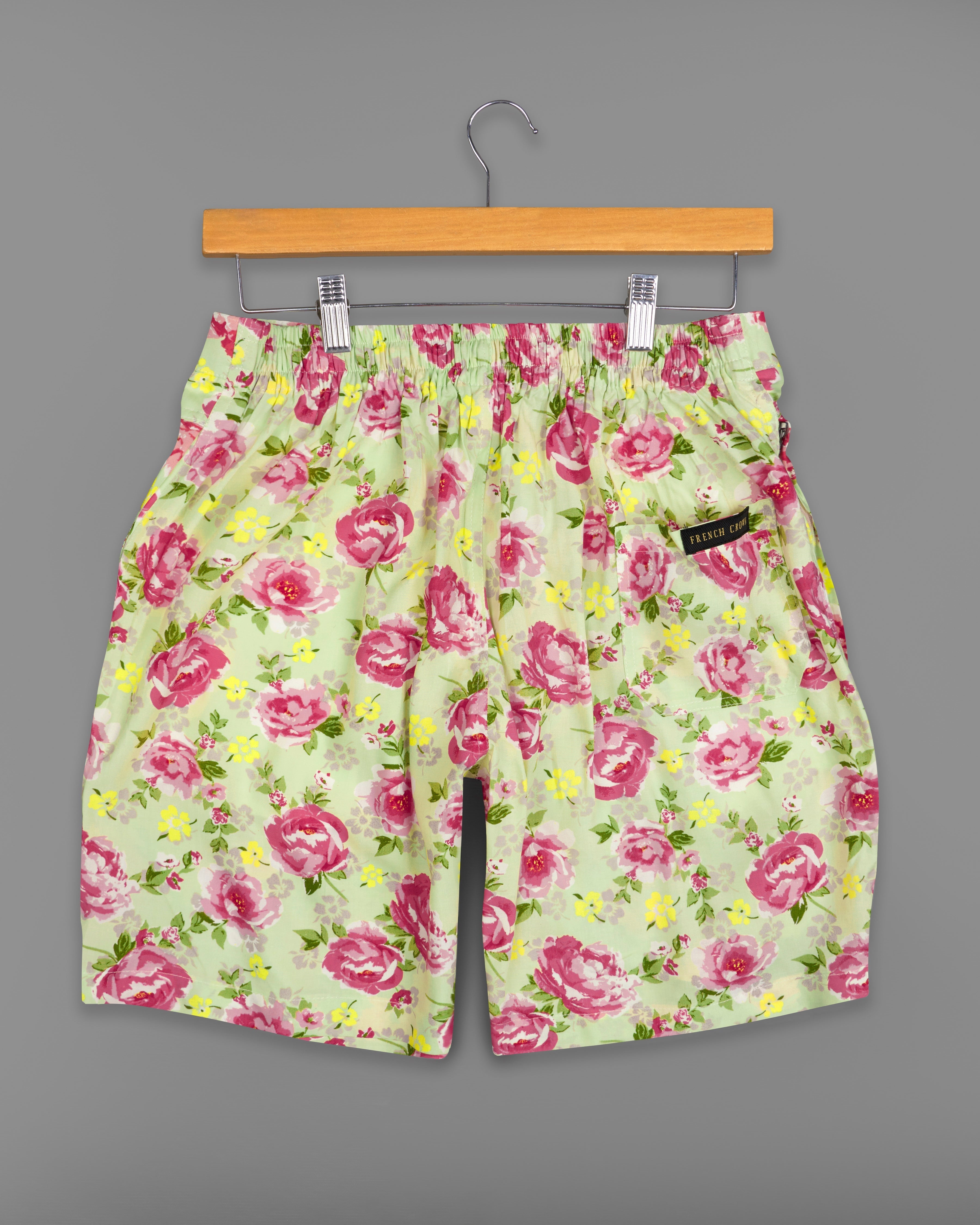 Hampton Green with Pale Pink Rose Printed Premium Cotton Shorts SR248-28, SR248-30, SR248-32, SR248-34, SR248-36, SR248-38, SR248-40, SR248-42, SR248-44