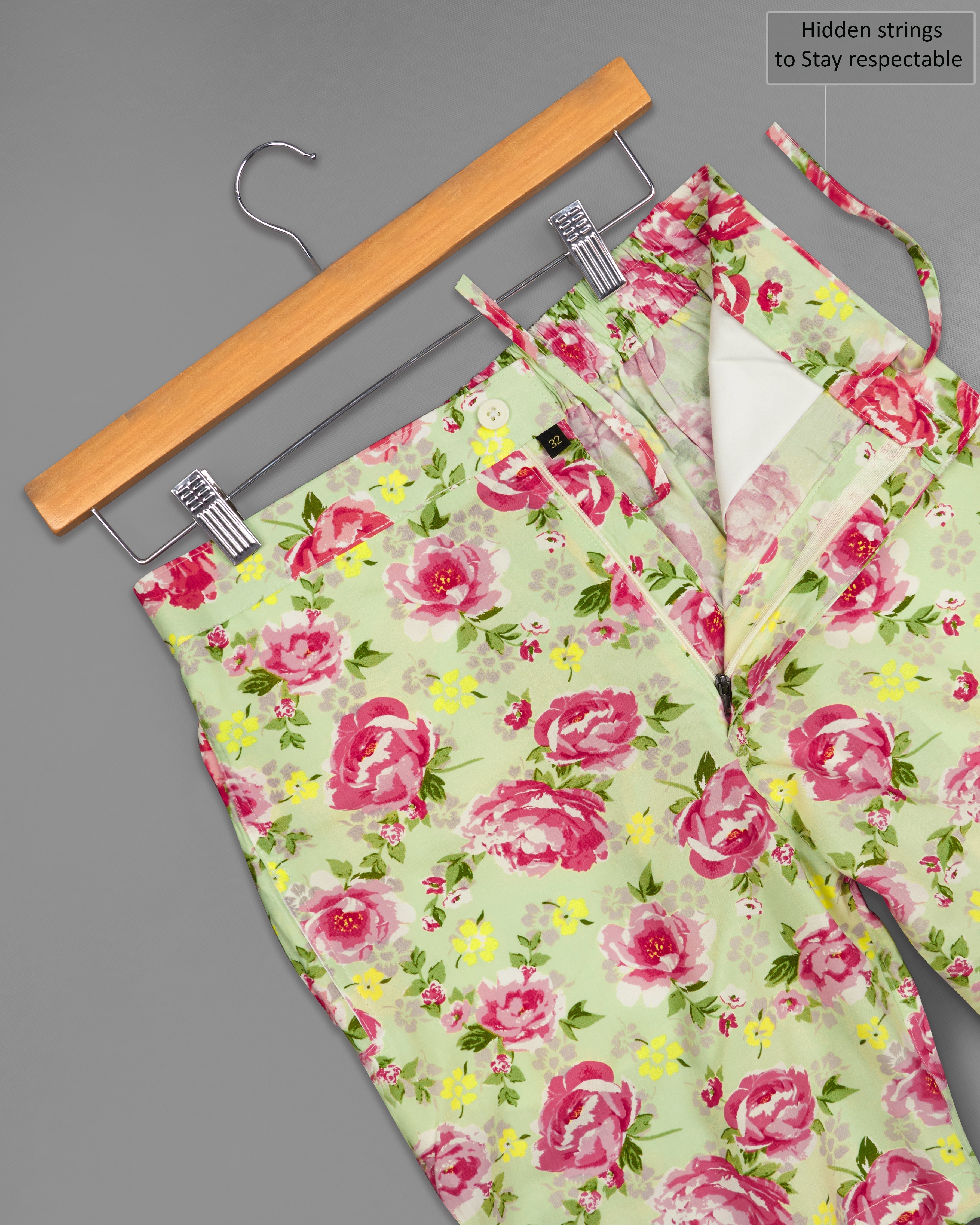 Hampton Green with Pale Pink Rose Printed Premium Cotton Shorts SR248-28, SR248-30, SR248-32, SR248-34, SR248-36, SR248-38, SR248-40, SR248-42, SR248-44