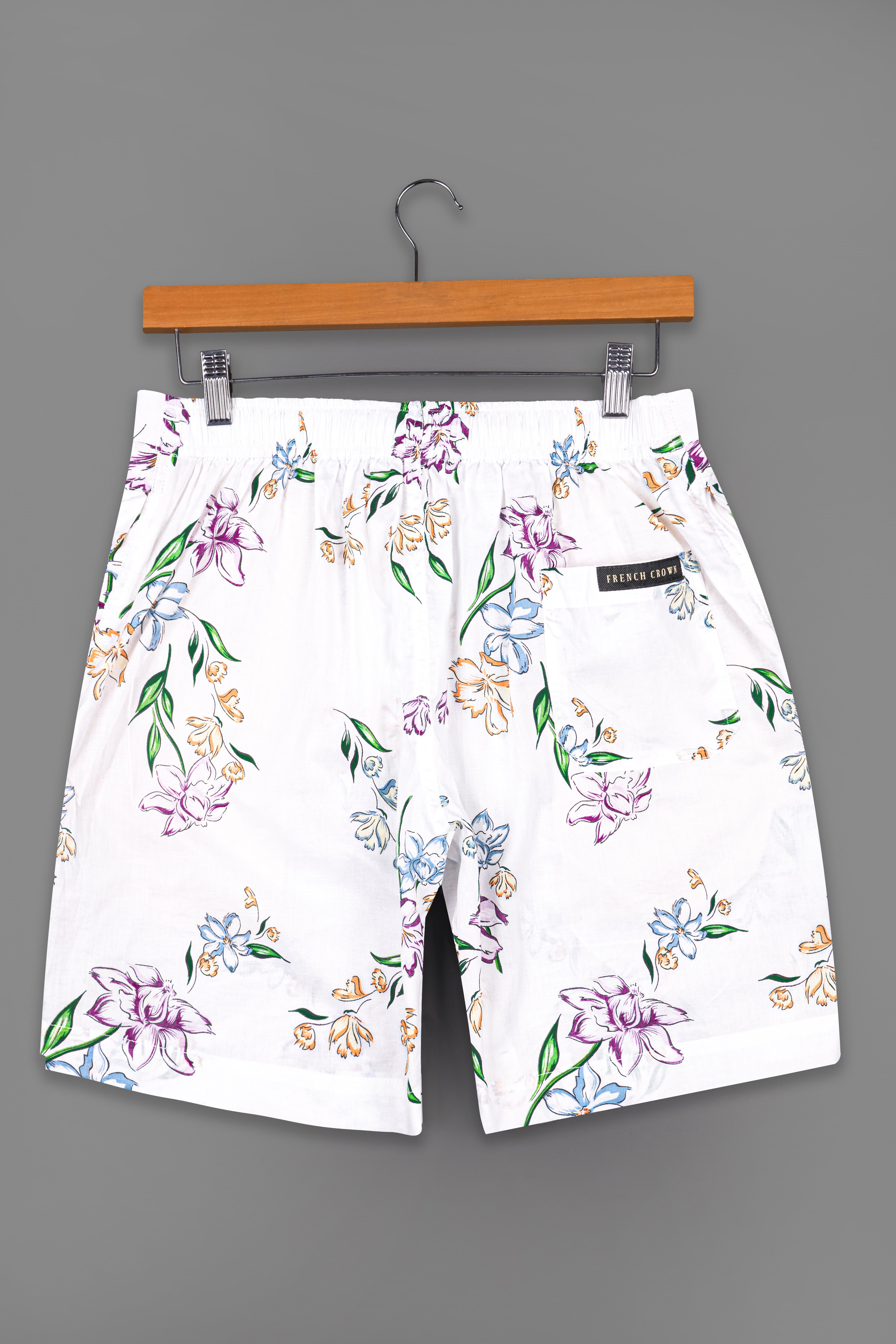 Bright White Floral Printed Light Weight Premium Cotton Shorts SR268-28, SR268-30, SR268-32, SR268-34, SR268-36, SR268-38, SR268-40, SR268-42, SR268-44