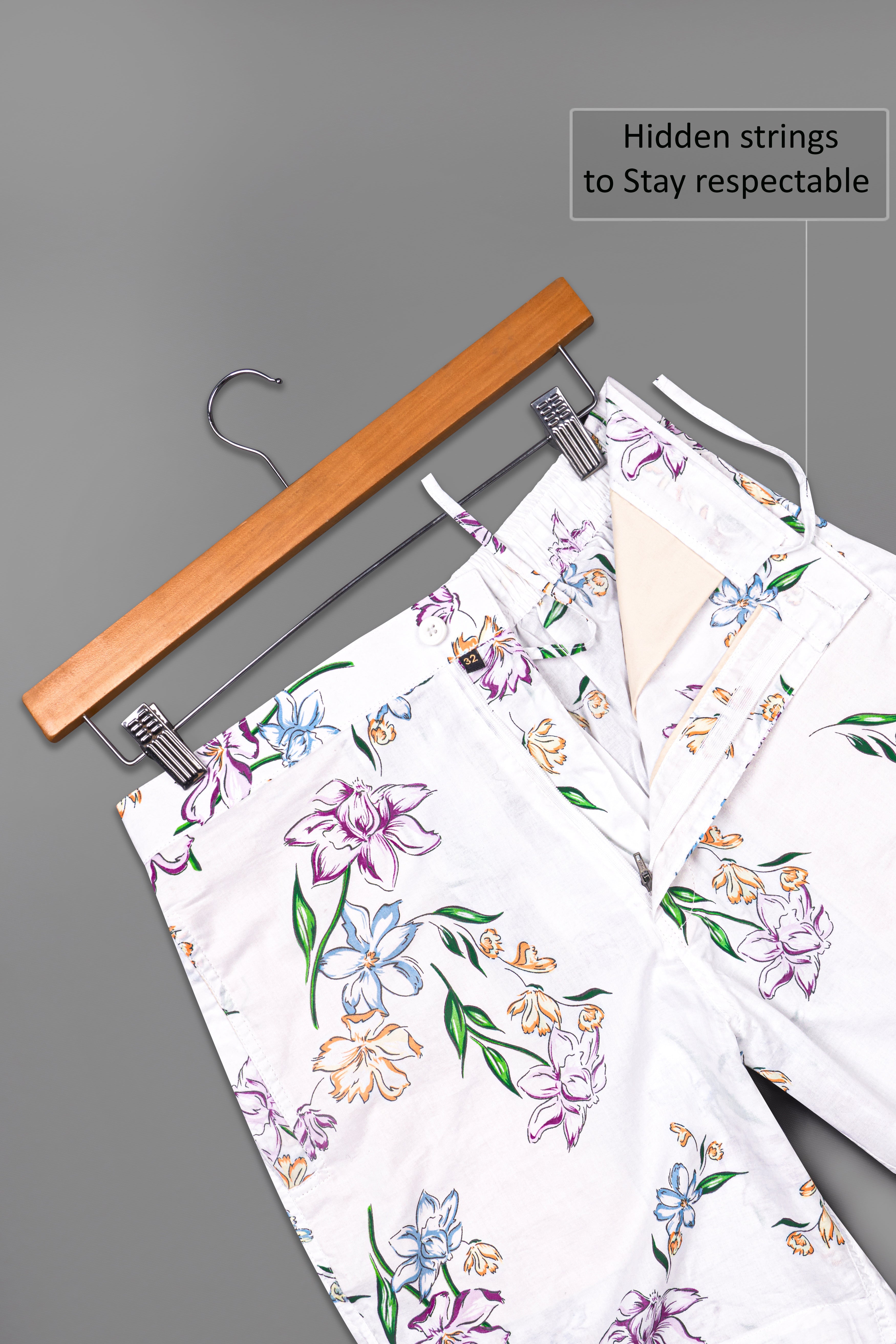 Bright White Floral Printed Light Weight Premium Cotton Shorts SR268-28, SR268-30, SR268-32, SR268-34, SR268-36, SR268-38, SR268-40, SR268-42, SR268-44