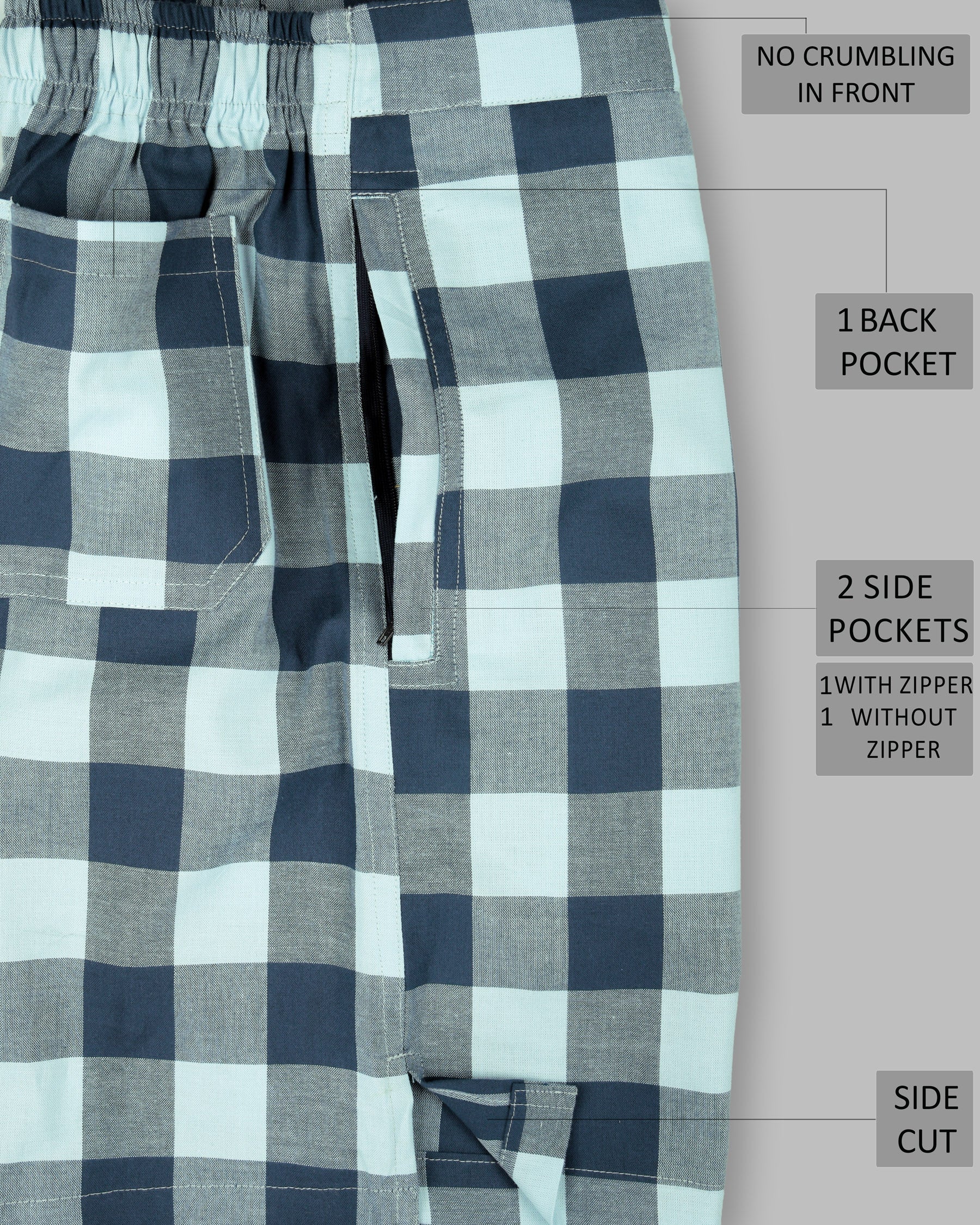 Blue Checked Premium Cotton Shorts SR72-28, SR72-30, SR72-32, SR72-34, SR72-36, SR72-40, SR72-42, SR72-44, SR72-38