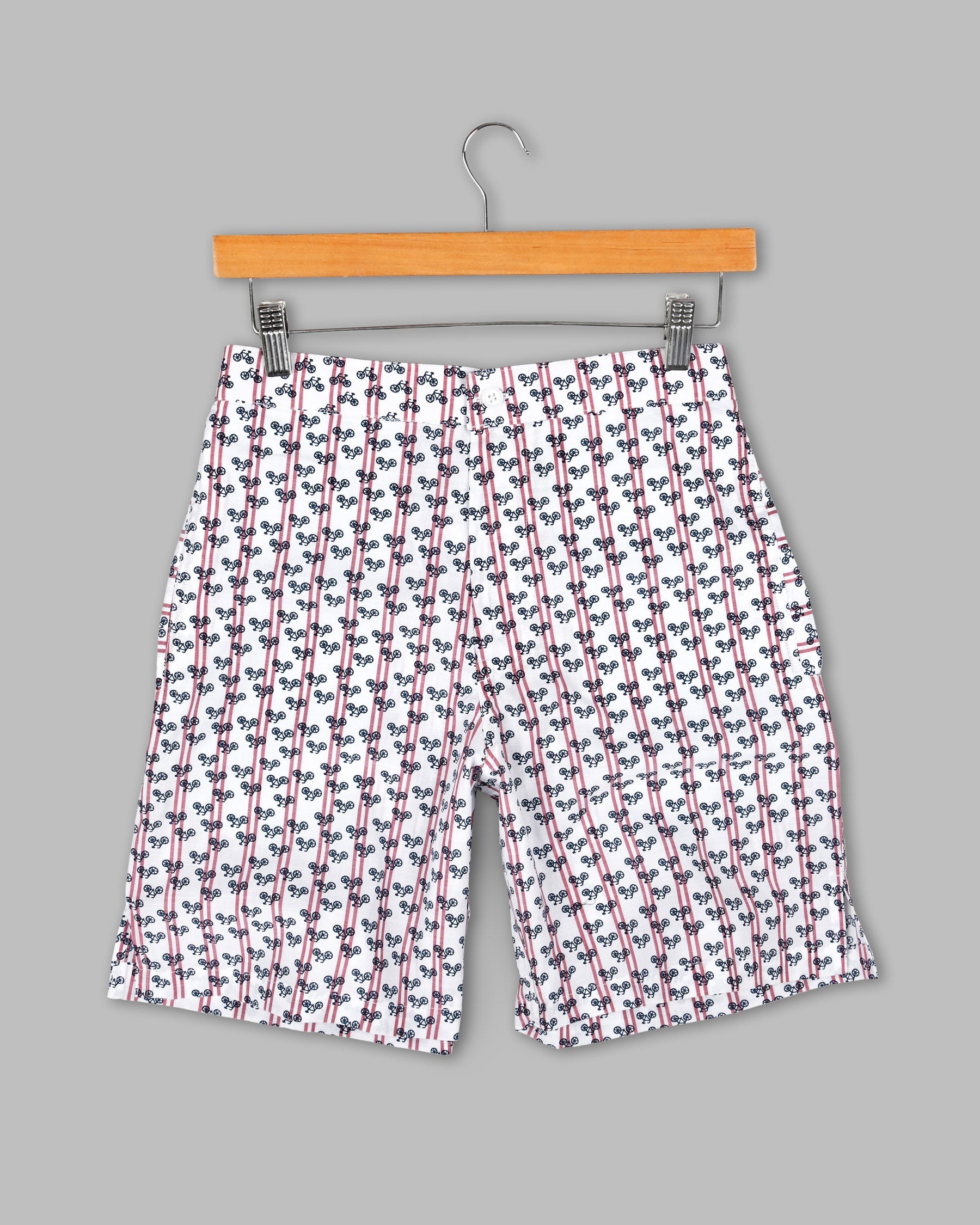 Bright White Striped and Bicycle Printed Premium Cotton Shorts SR74-28, SR74-30, SR74-32, SR74-34, SR74-36, SR74-38, SR74-40, SR74-42, SR74-44