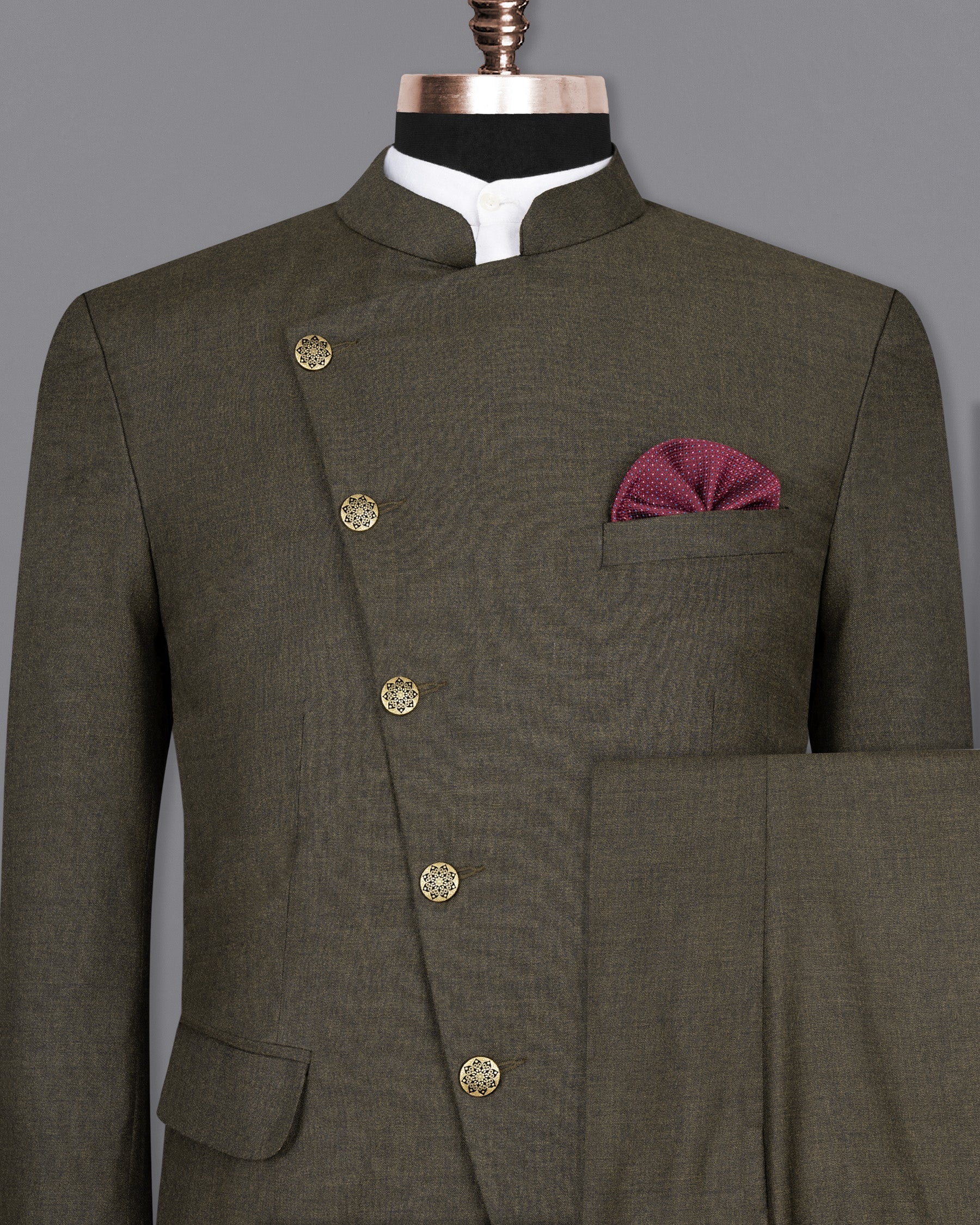 Merlin Green Cross Buttoned Bandhgala Wool Rich Suit ST1426-CBG-36, ST1426-CBG-38, ST1426-CBG-40, ST1426-CBG-42, ST1426-CBG-44, ST1426-CBG-46, ST1426-CBG-48, ST1426-CBG-50, ST1426-CBG-52, ST1426-CBG-54, ST1426-CBG-56, ST1426-CBG-58, ST1426-CBG-60