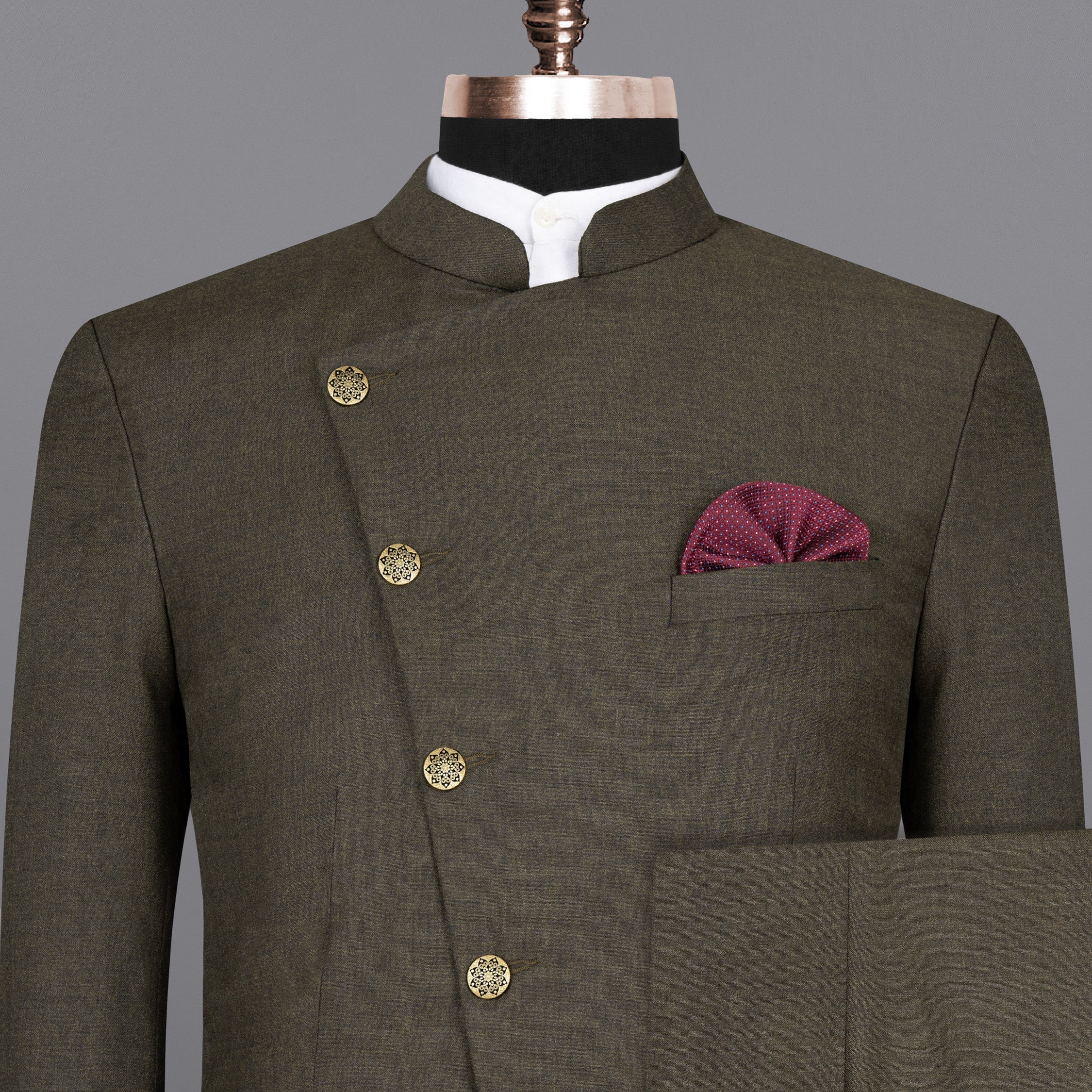 Merlin Green Cross Placket  Bandhgala Wool Rich Suit