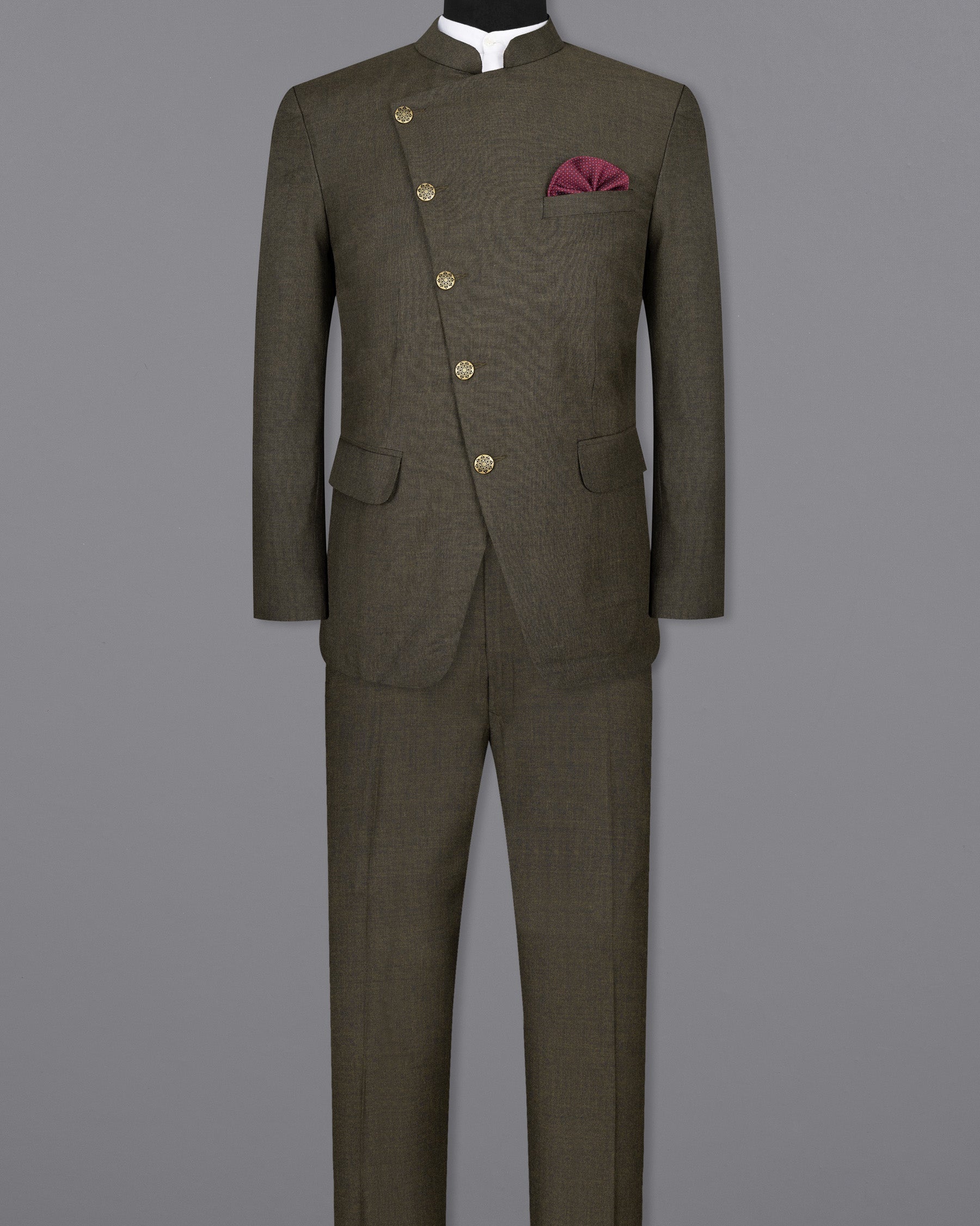 Merlin Green Cross Buttoned Bandhgala Wool Rich Suit ST1426-CBG-36, ST1426-CBG-38, ST1426-CBG-40, ST1426-CBG-42, ST1426-CBG-44, ST1426-CBG-46, ST1426-CBG-48, ST1426-CBG-50, ST1426-CBG-52, ST1426-CBG-54, ST1426-CBG-56, ST1426-CBG-58, ST1426-CBG-60