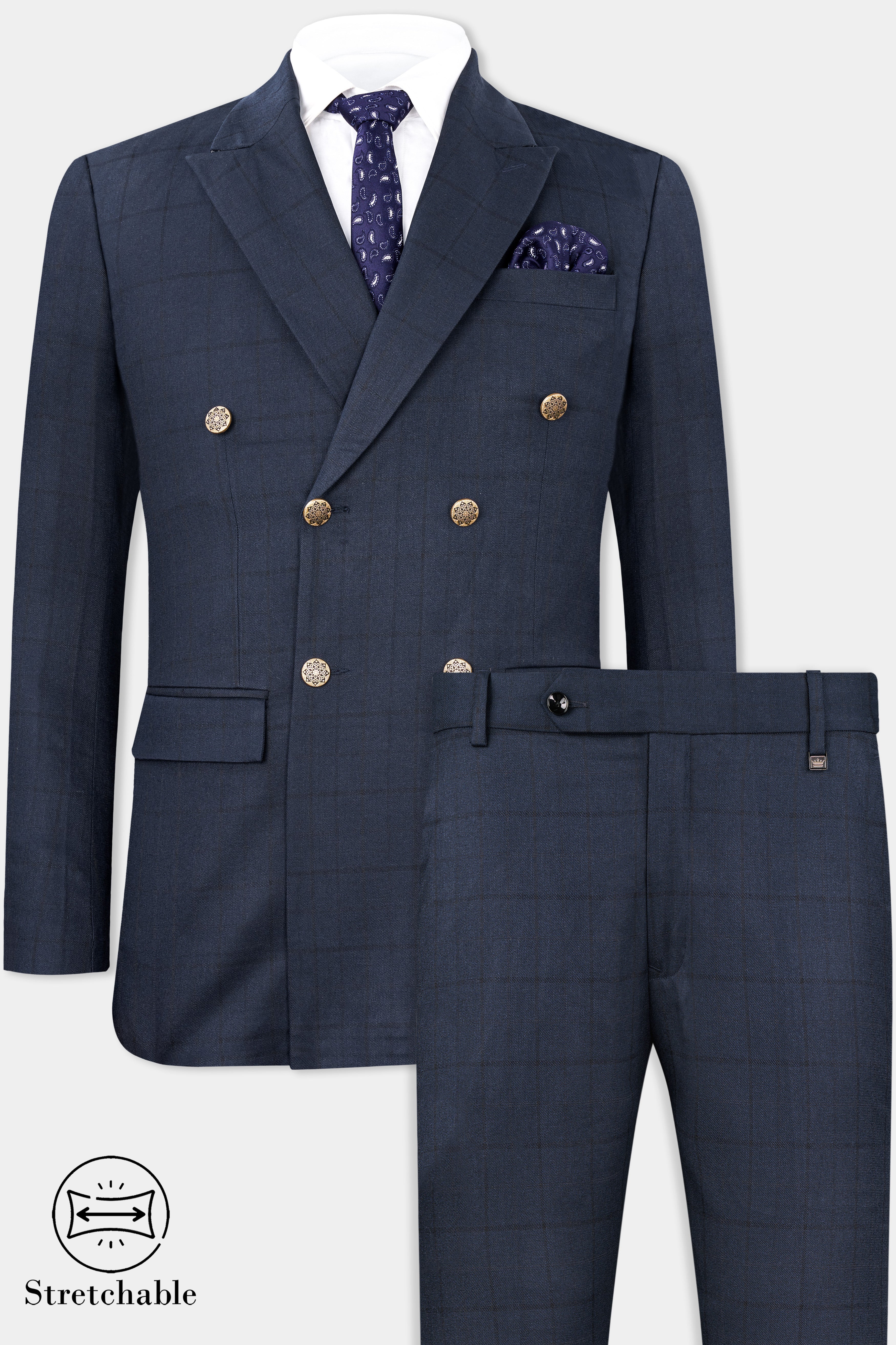 Shark Blue Subtle Windowpane Double Breasted Suit