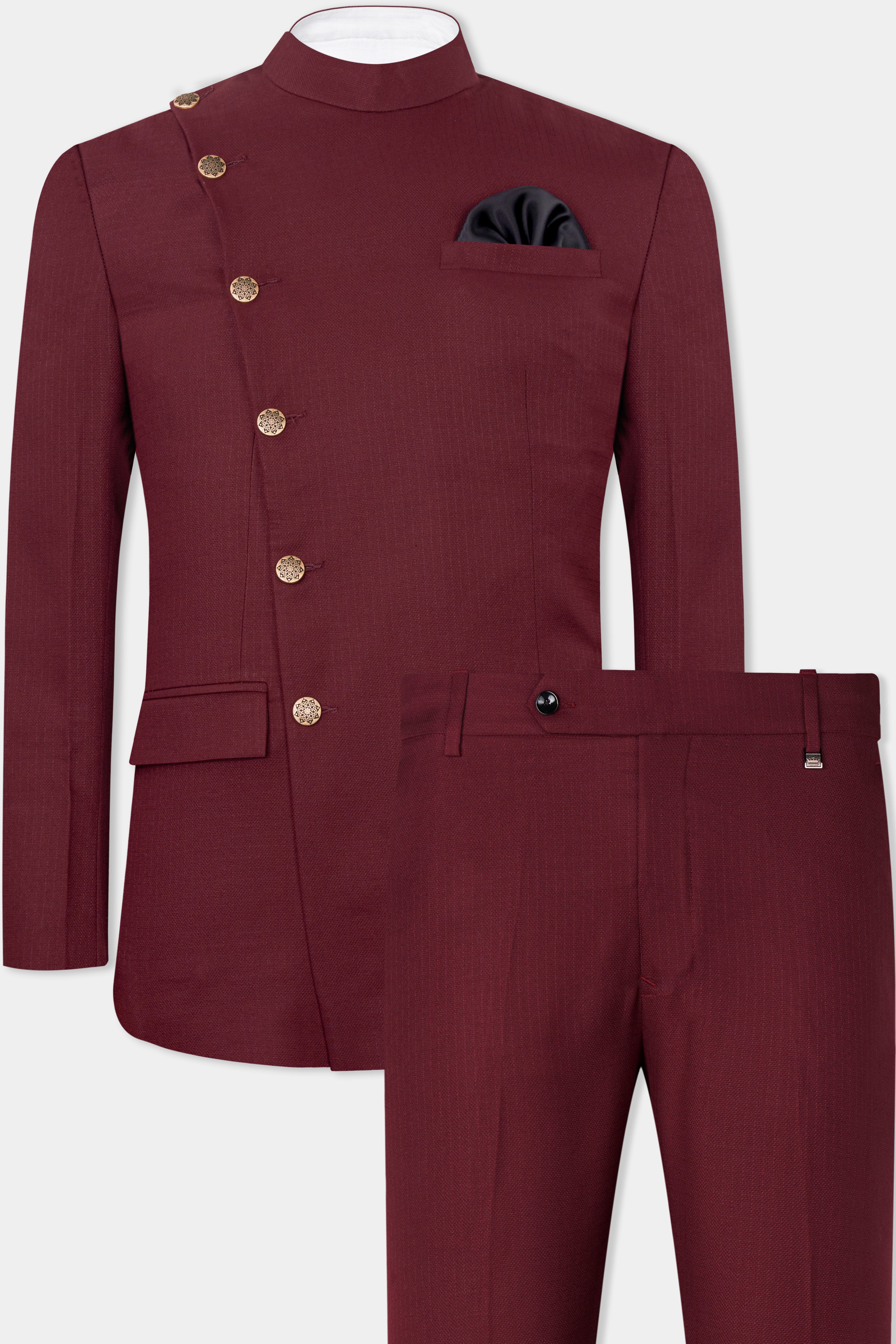 Maroon Dobby Textured Cross Placket Bandhgala Suit