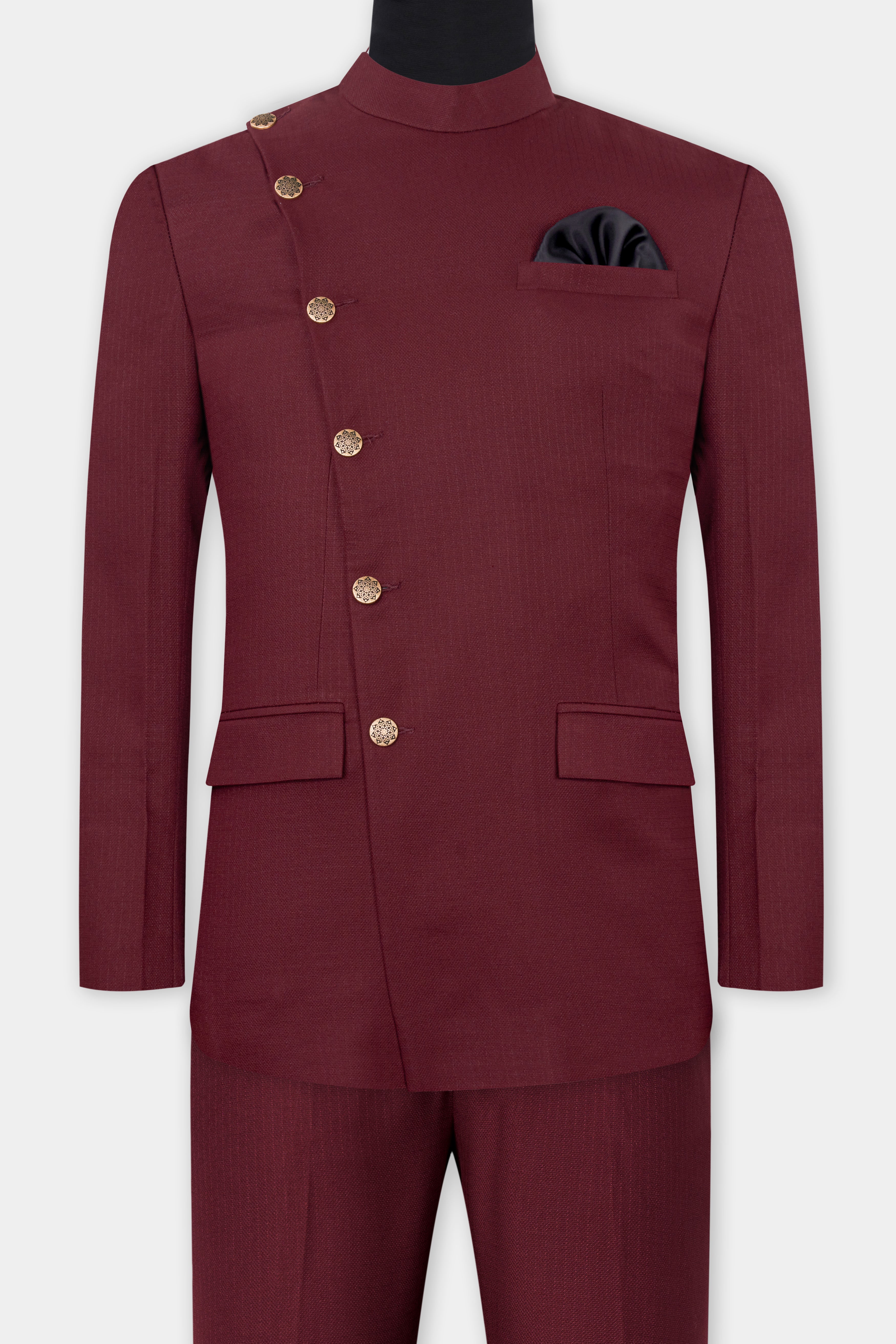 Maroon Dobby Textured Cross Placket Bandhgala Suit