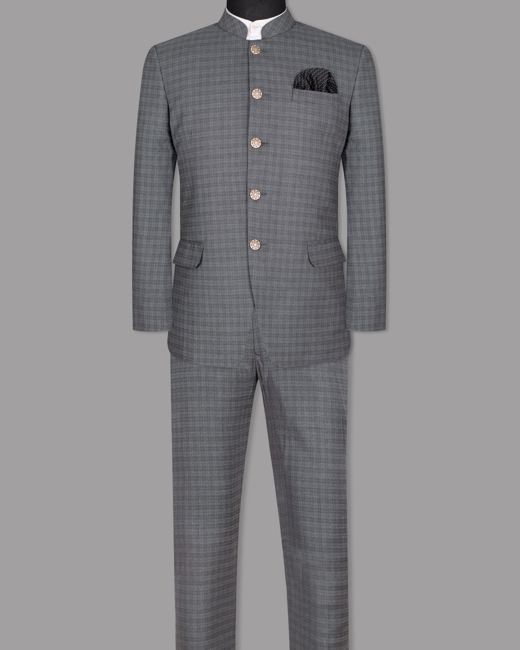 Mid Gray Wool Rich Mandarin/Bandhgala Suit ST1331-BG-36, ST1331-BG-38, ST1331-BG-40, ST1331-BG-42, ST1331-BG-44, ST1331-BG-46, ST1331-BG-48, ST1331-BG-50, ST1331-BG-52, ST1331-BG-54, ST1331-BG-56, ST1331-BG-58, ST1331-BG-60