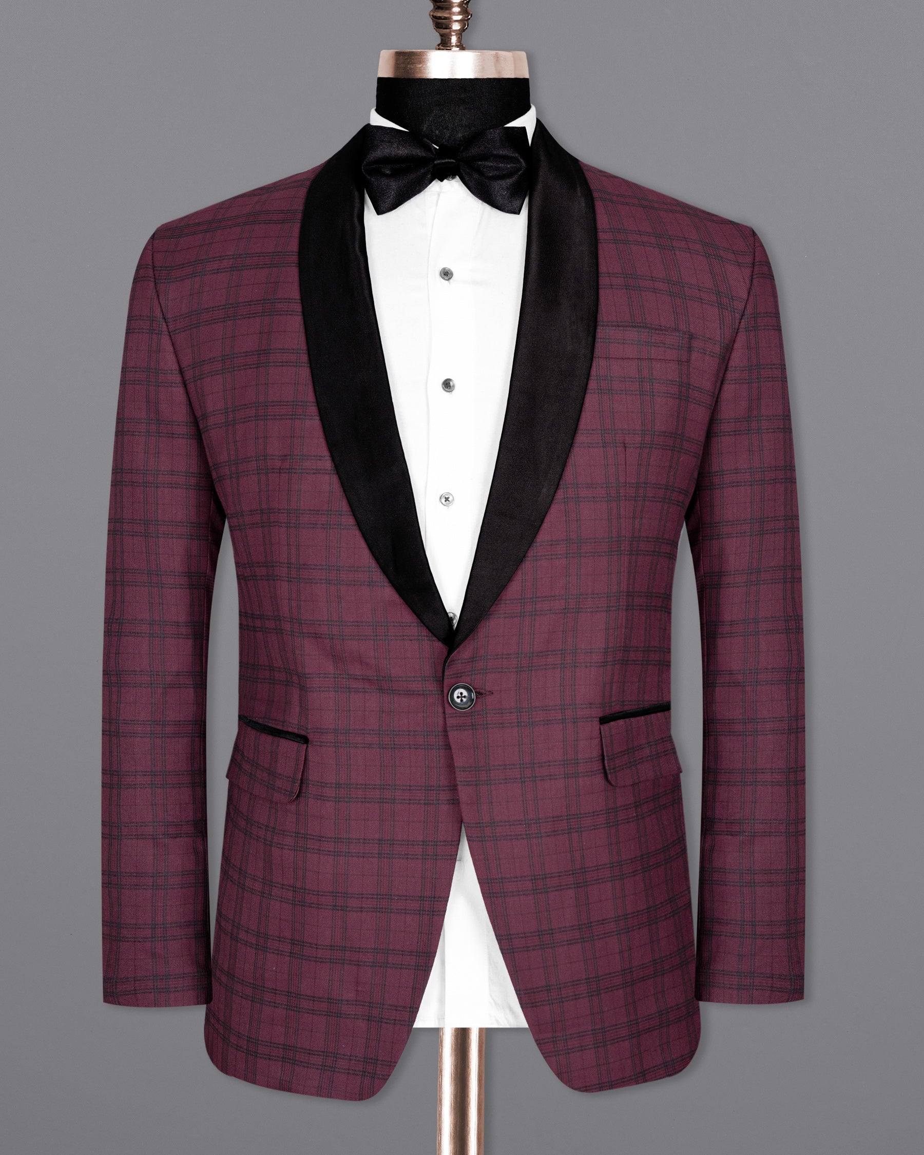 Eggplant Red Plaid Wool Rich Tuxedo Suit