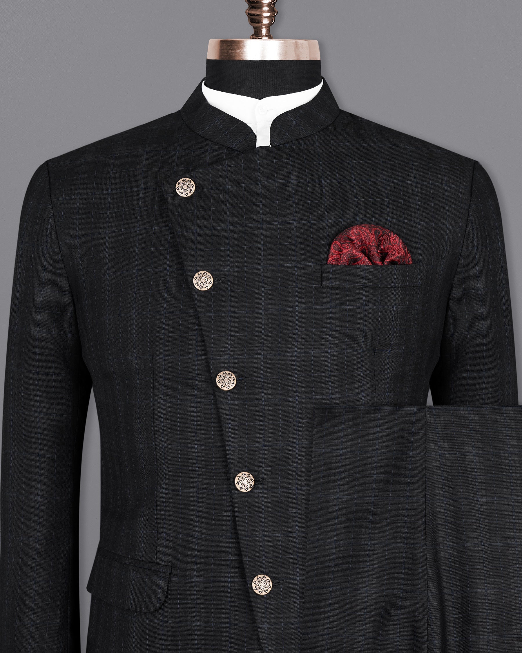 Mine Shaft Black Plaid Cross Buttoned Bandhgala Wool Rich Suit ST1387-CBG-36, ST1387-CBG-38, ST1387-CBG-40, ST1387-CBG-42, ST1387-CBG-44, ST1387-CBG-46, ST1387-CBG-48, ST1387-CBG-50, ST1387-CBG-52, ST1387-CBG-54, ST1387-CBG-56, ST1387-CBG-58, ST1387-CBG-60