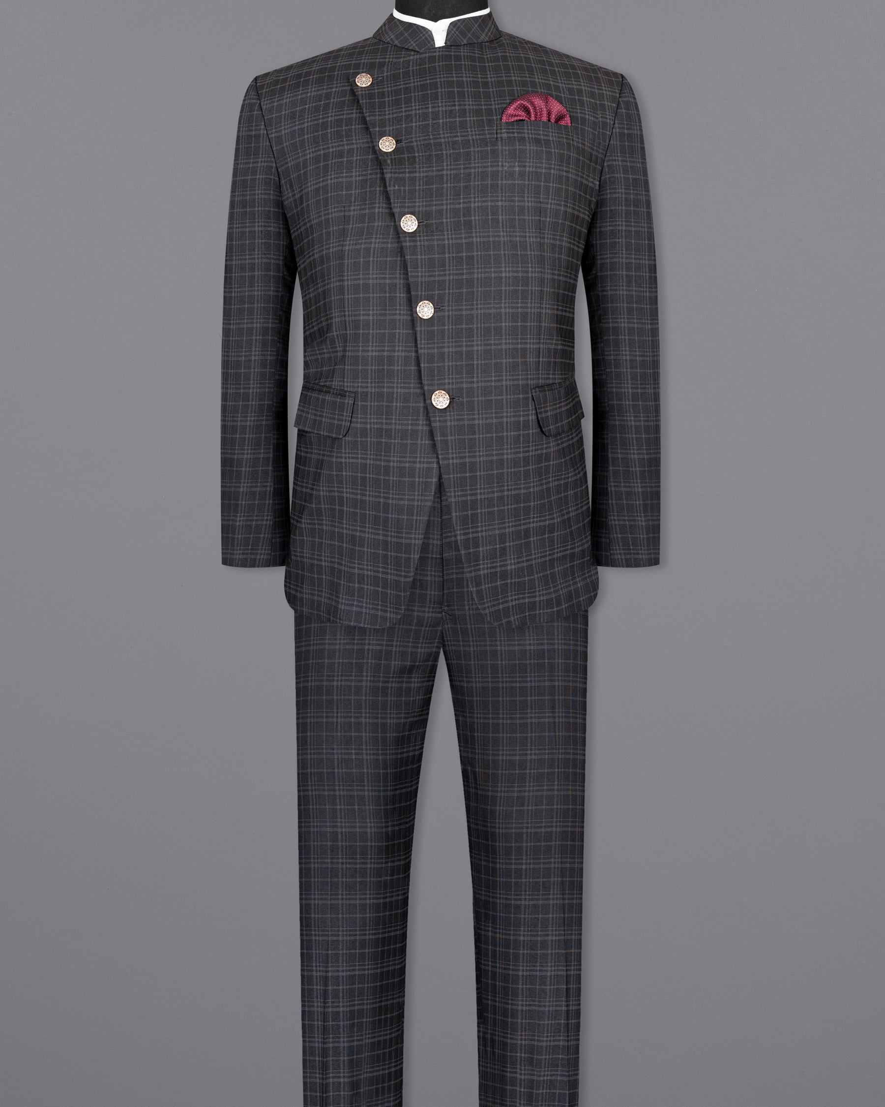 Star Dust and Shark Grey Plaid Cross Button Bandhgala Wool rich Suit ST1408-CBG-36, ST1408-CBG-38, ST1408-CBG-40, ST1408-CBG-42, ST1408-CBG-44, ST1408-CBG-46, ST1408-CBG-48, ST1408-CBG-50, ST1408-CBG-52, ST1408-CBG-54, ST1408-CBG-56, ST1408-CBG-58, ST1408-CBG-60